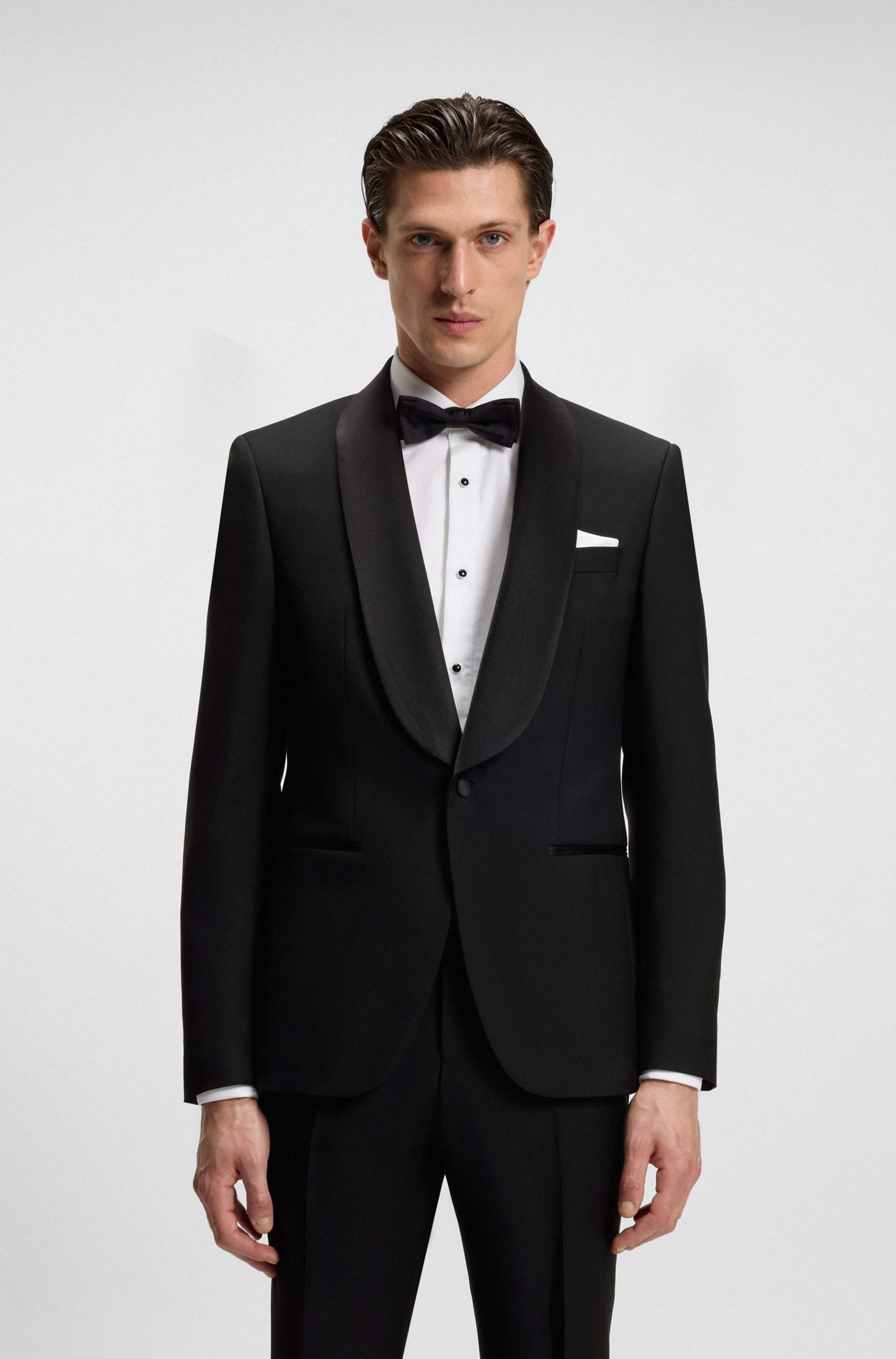 Two-piece tuxedo suit in an Italian wool blend