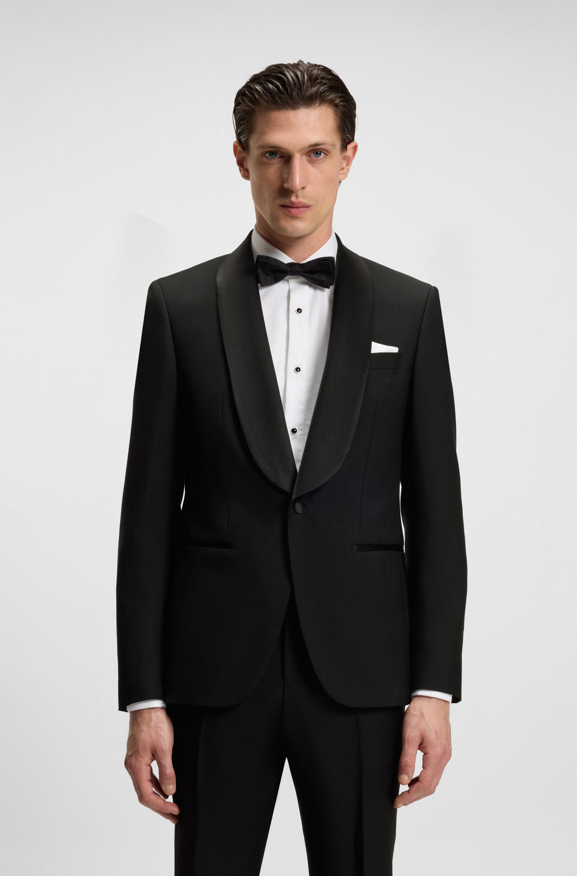 Two-piece tuxedo suit in an Italian wool blend