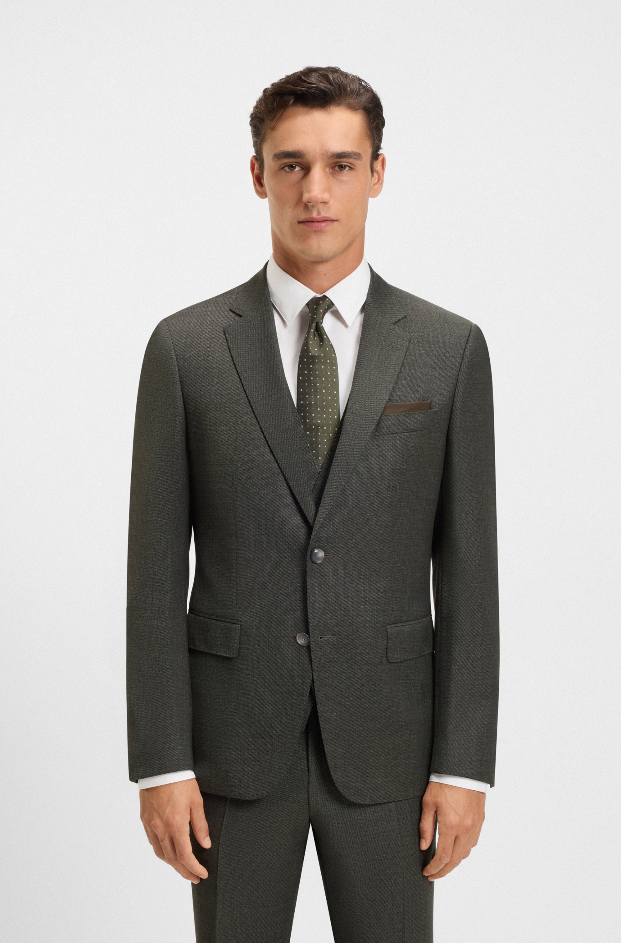 Three-piece slim-fit suit in patterned stretch wool
