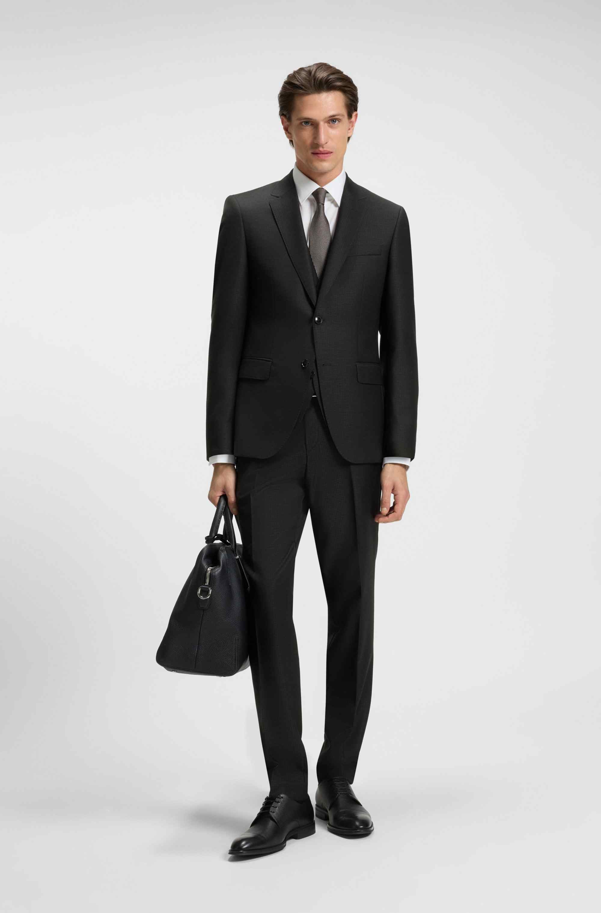 Three-piece slim-fit suit in patterned virgin wool