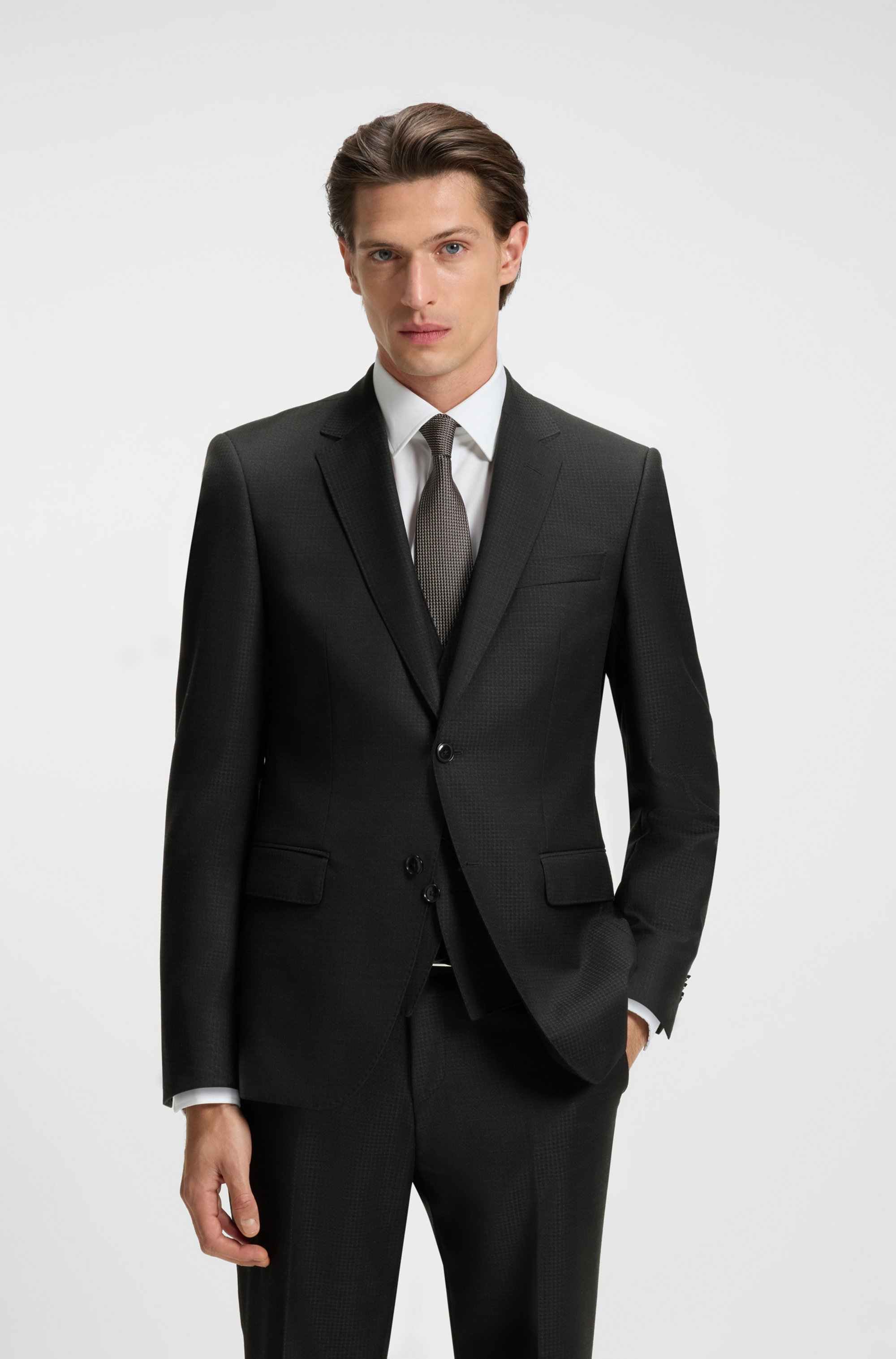 Three-piece slim-fit suit in patterned virgin wool