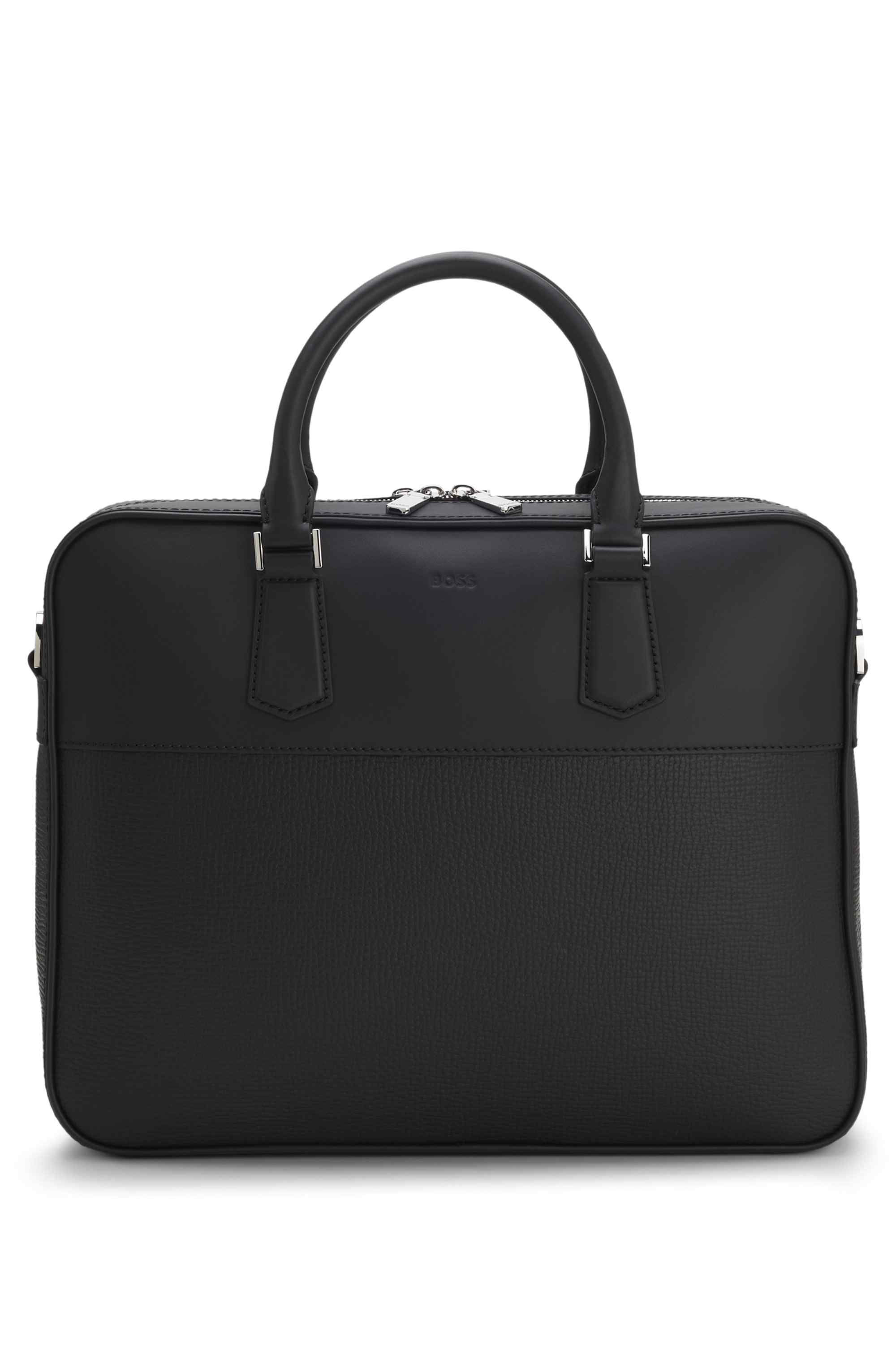 Leather document case with plain and grained finishes