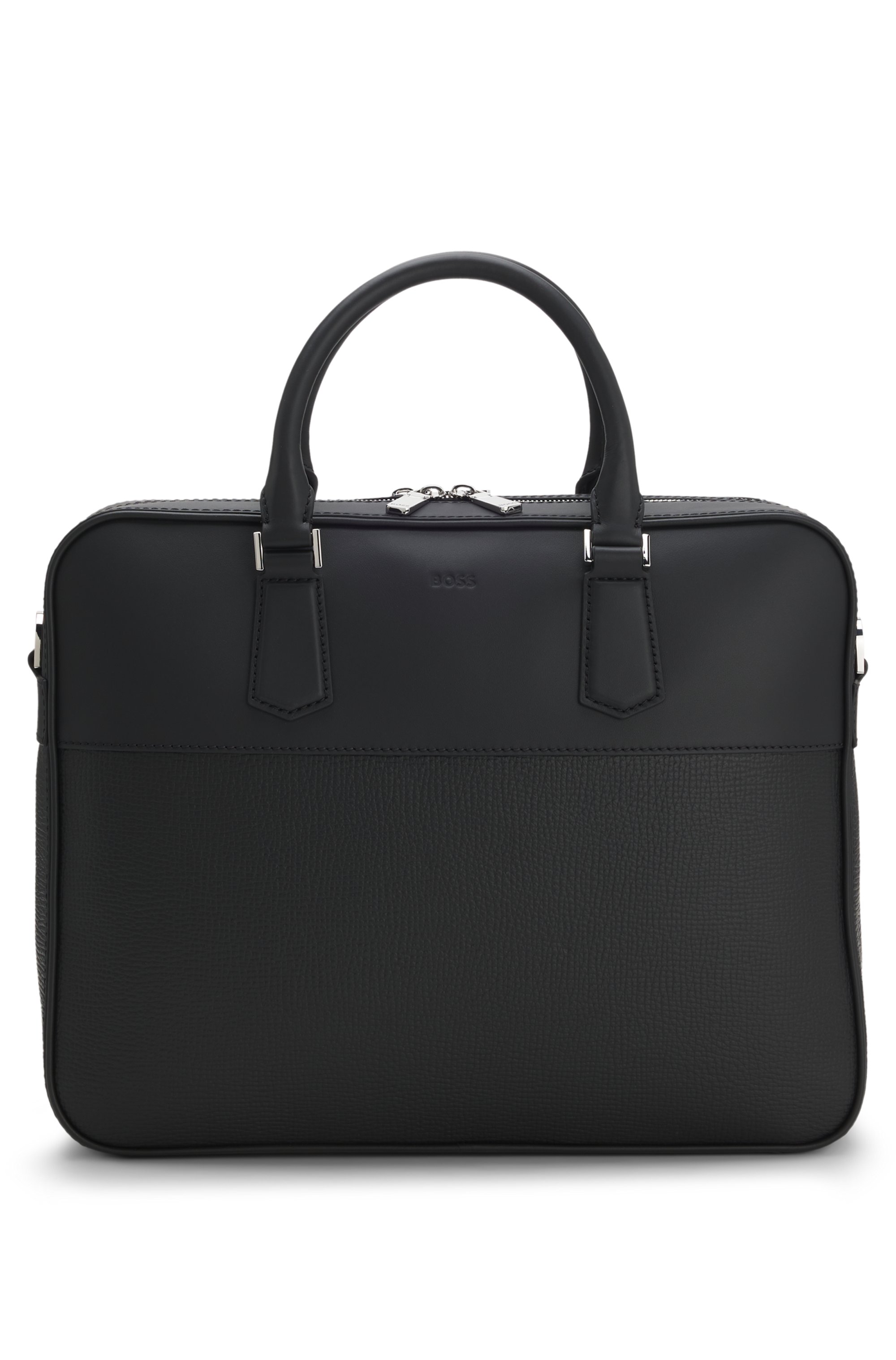 Leather document case with plain and grained finishes