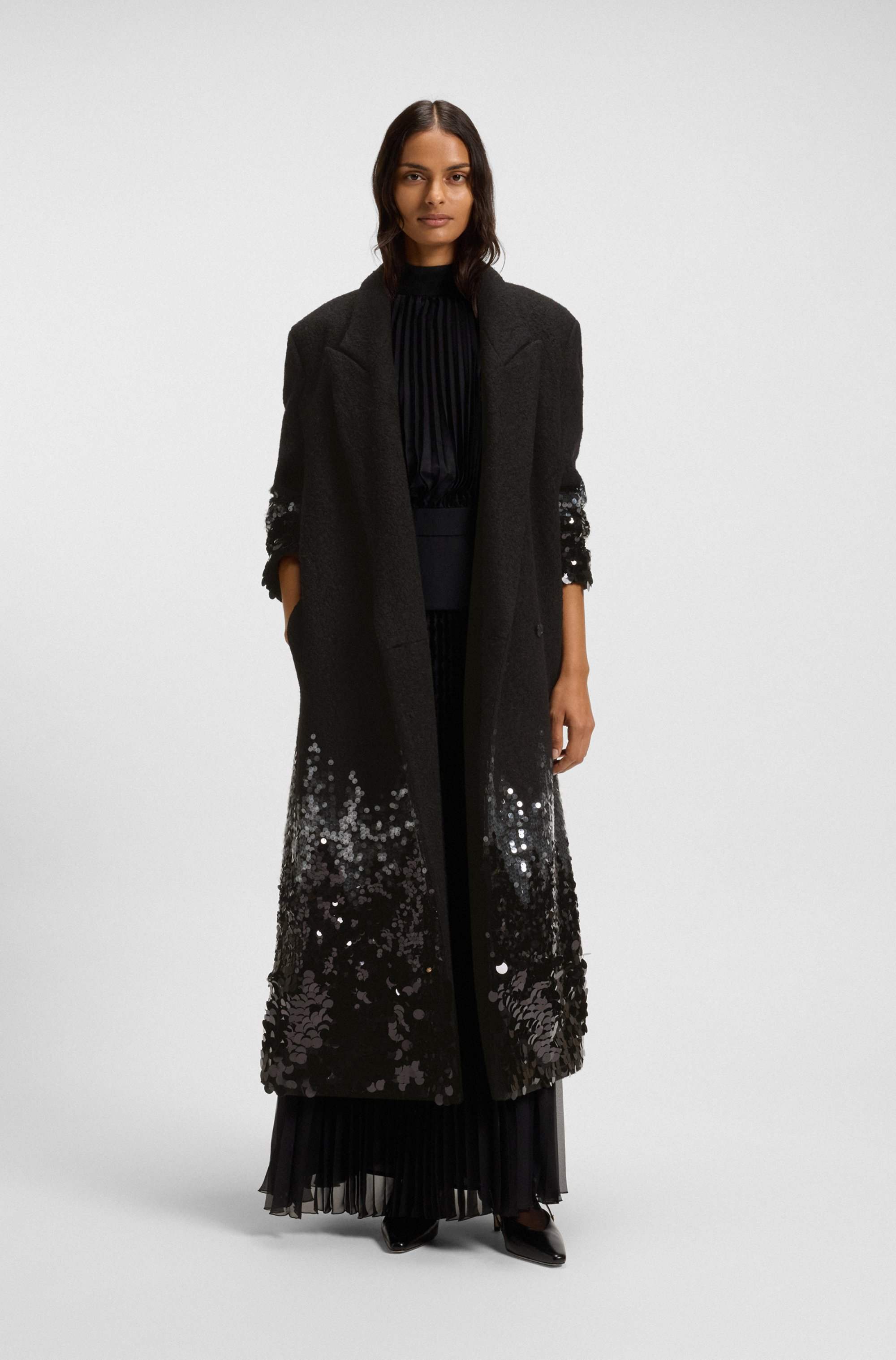 Formal coat with sequin embellishments