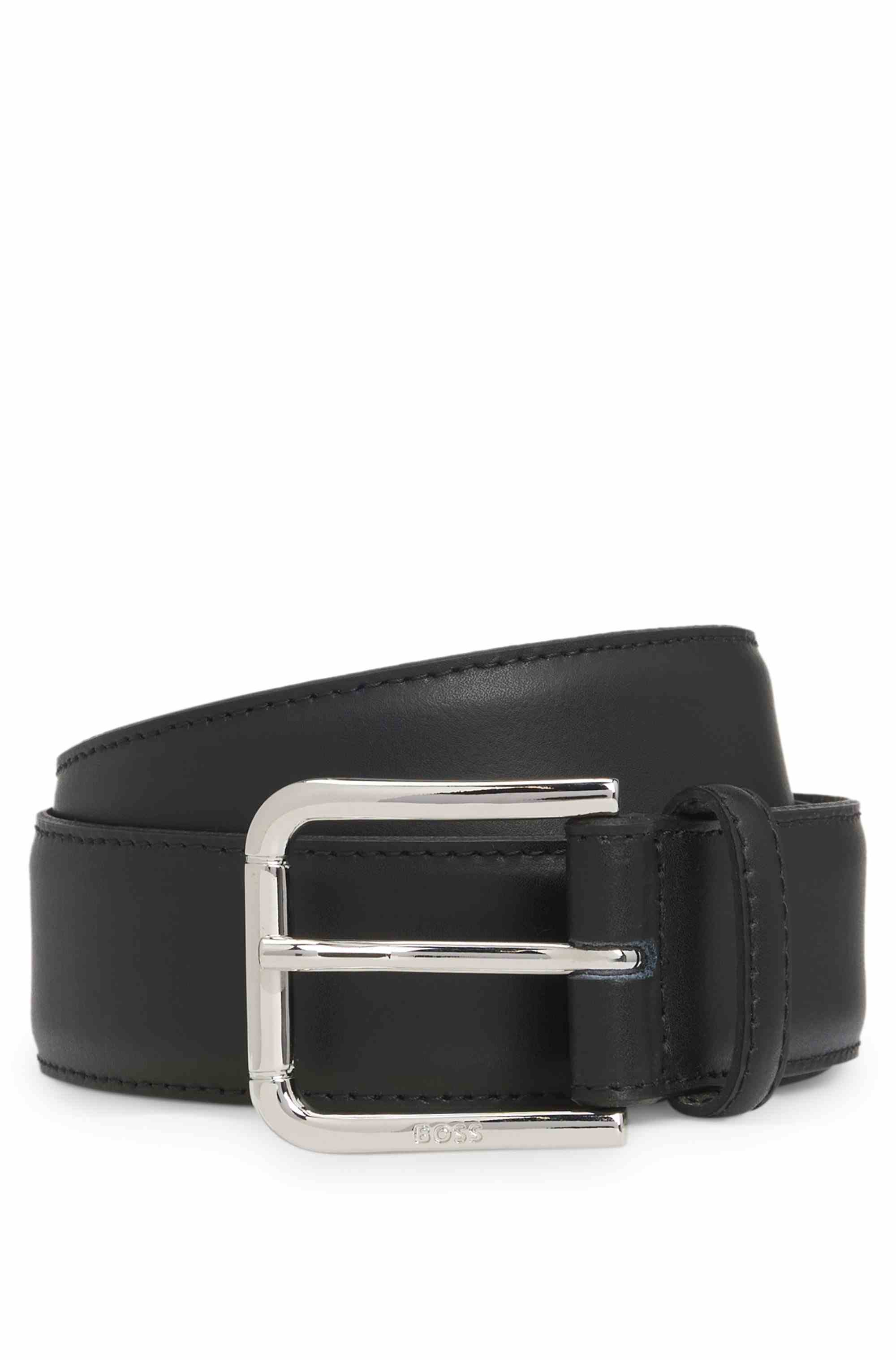 Italian-leather belt with logo-engraved pin buckle