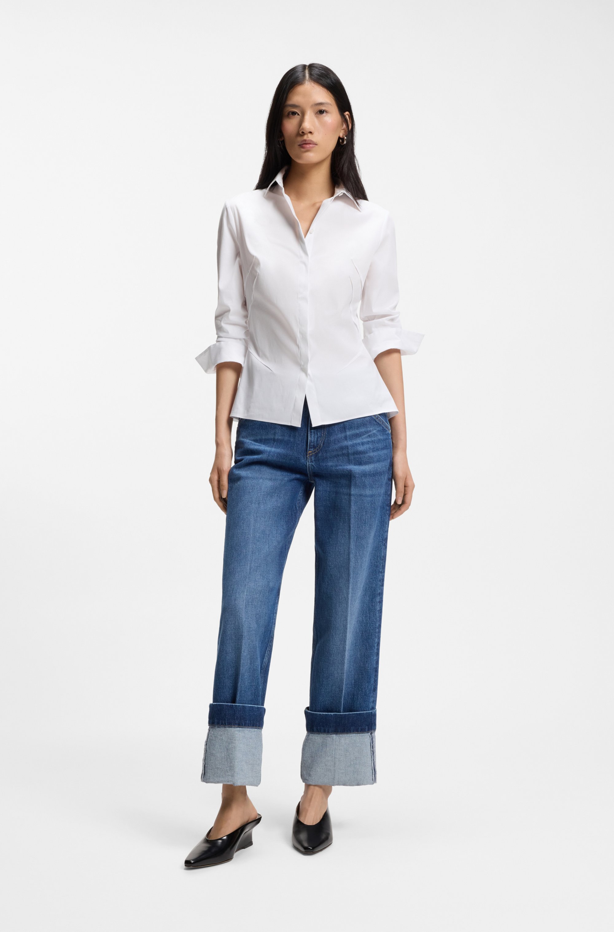 Slim-fit blouse in easy-iron cotton-blend poplin