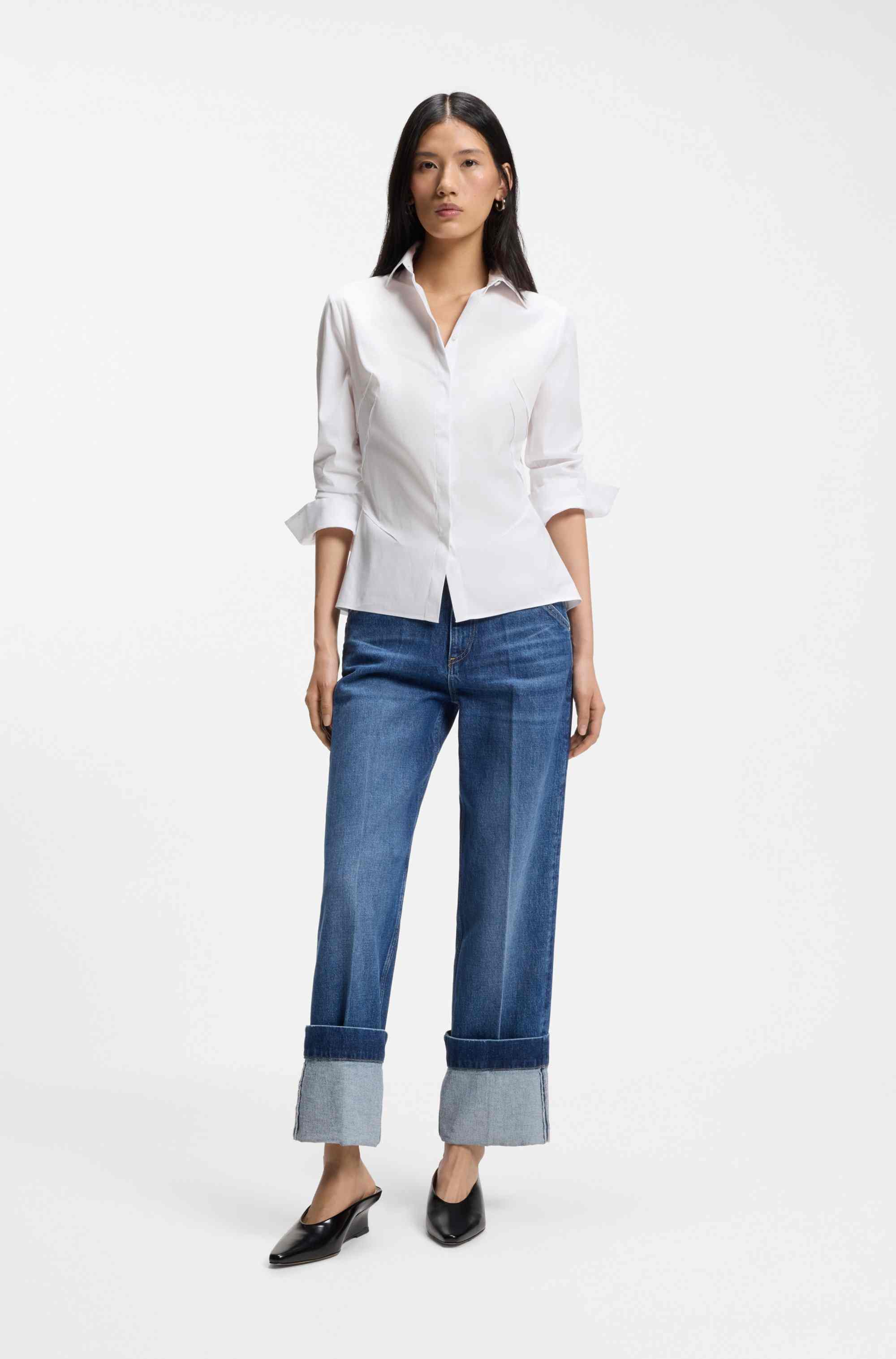 Slim-fit blouse in easy-iron cotton-blend poplin