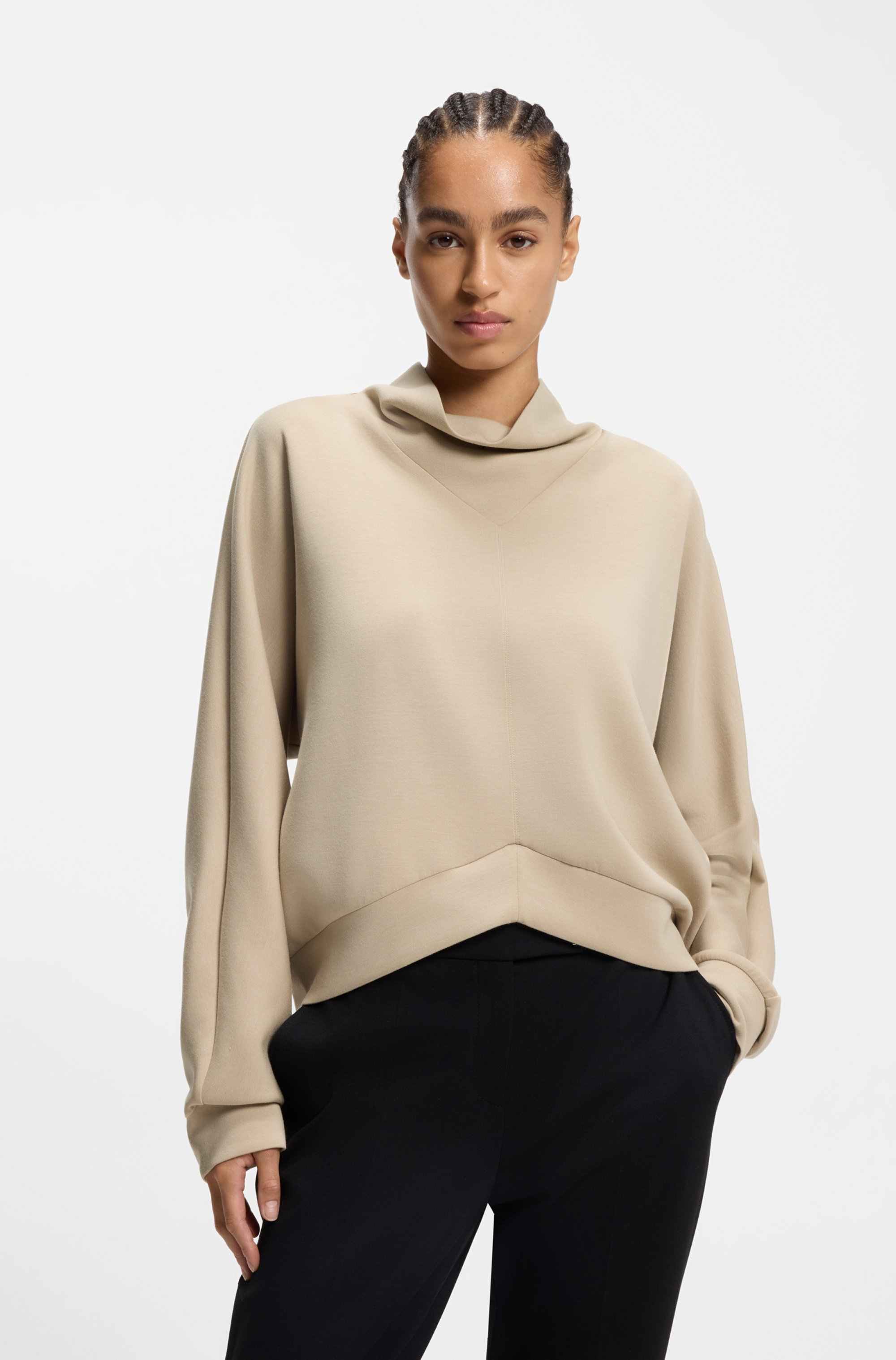 Loose-fit sweatshirt with draped funnel neck