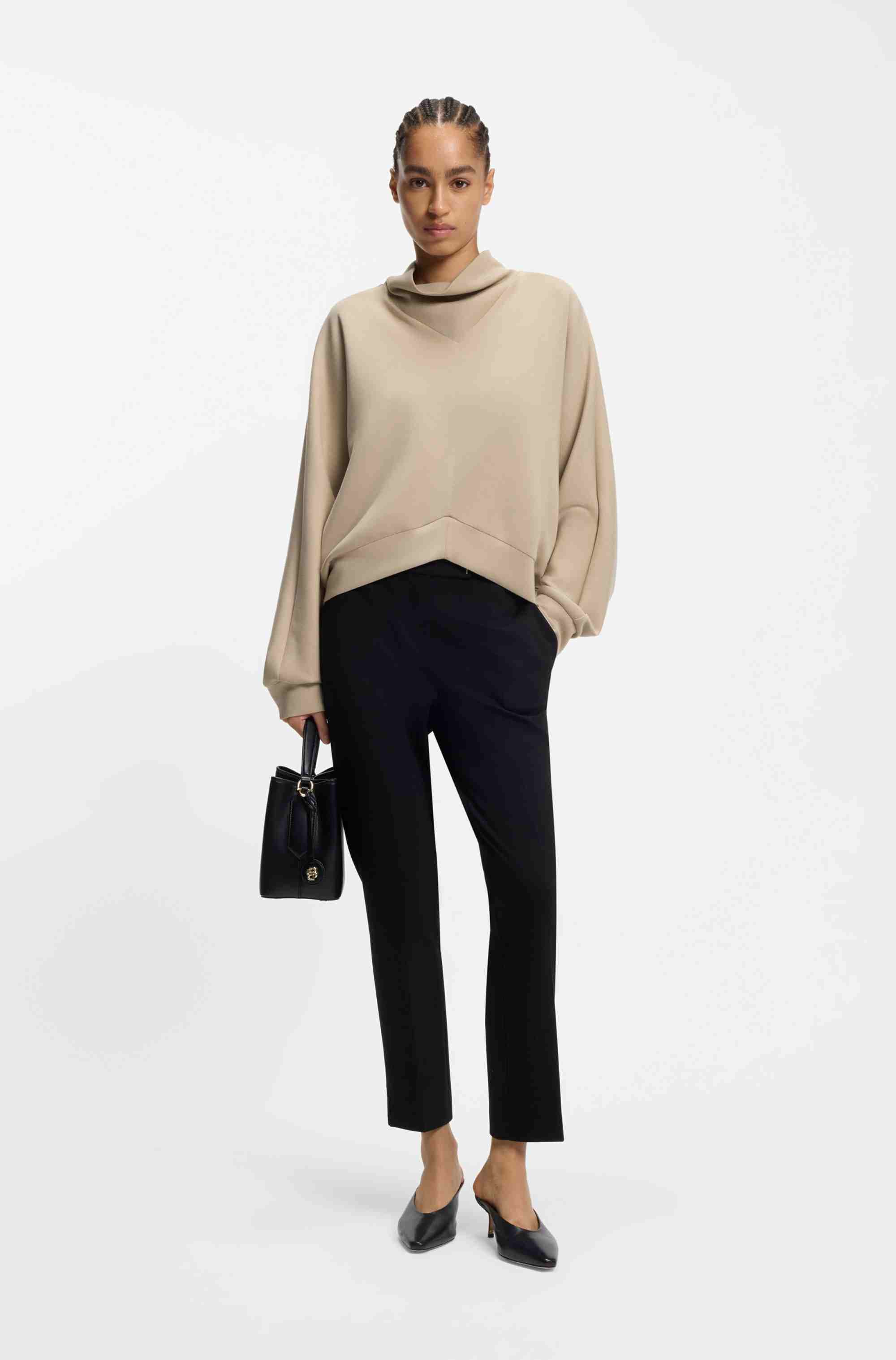 Loose-fit sweatshirt with draped funnel neck