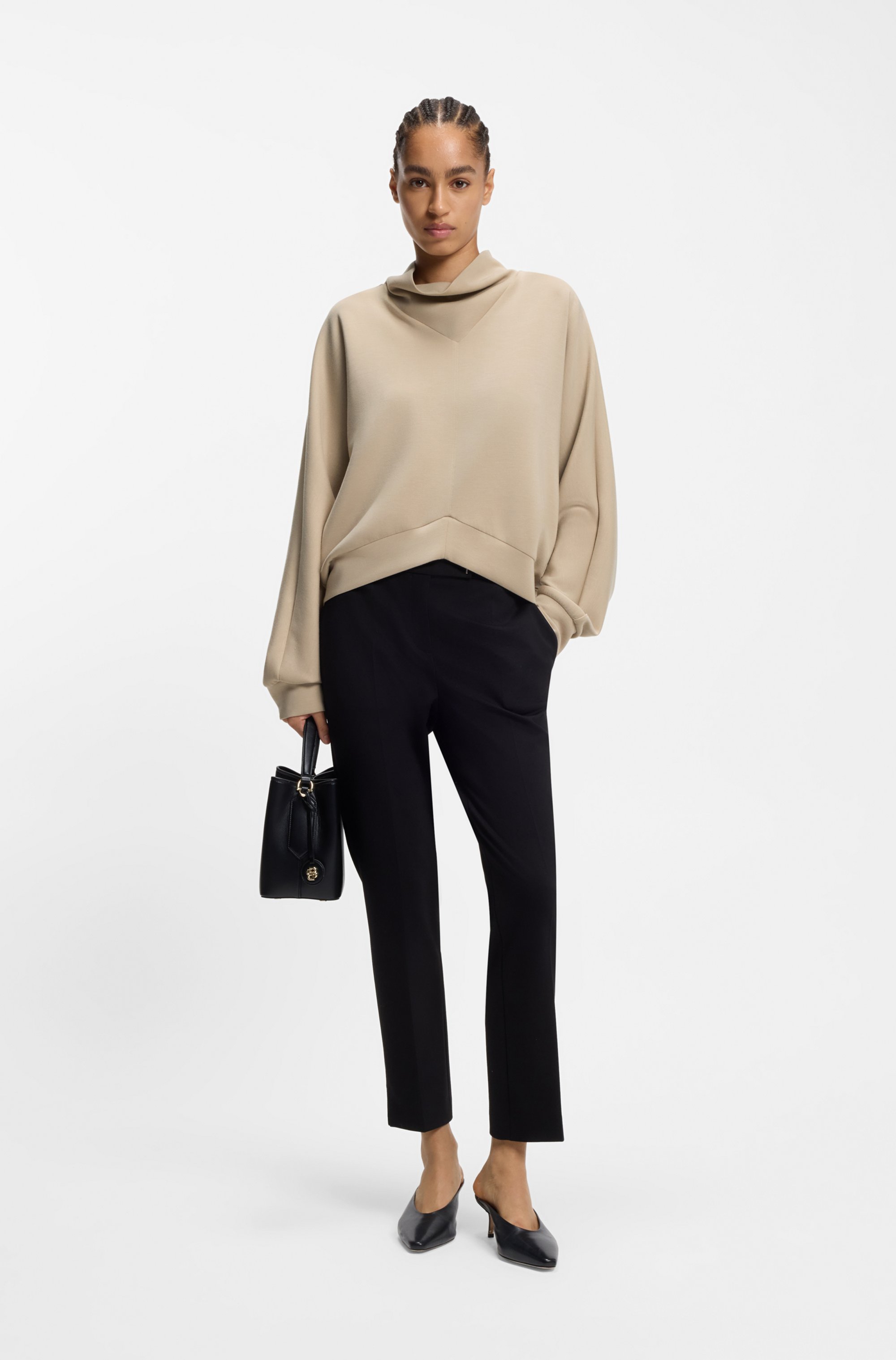 Loose-fit sweatshirt with draped funnel neck