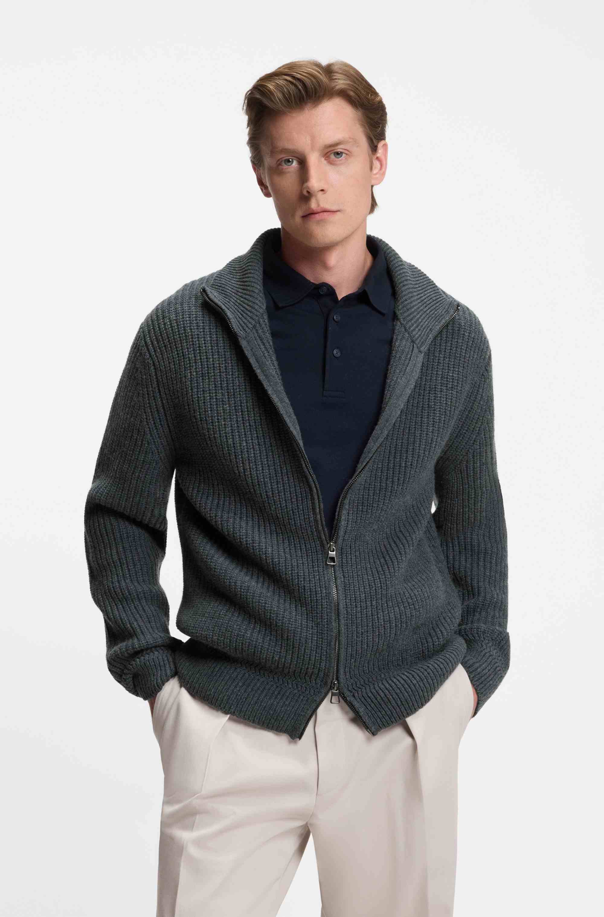 BECKHAM x BOSS zip-up cardigan in wool and cashmere