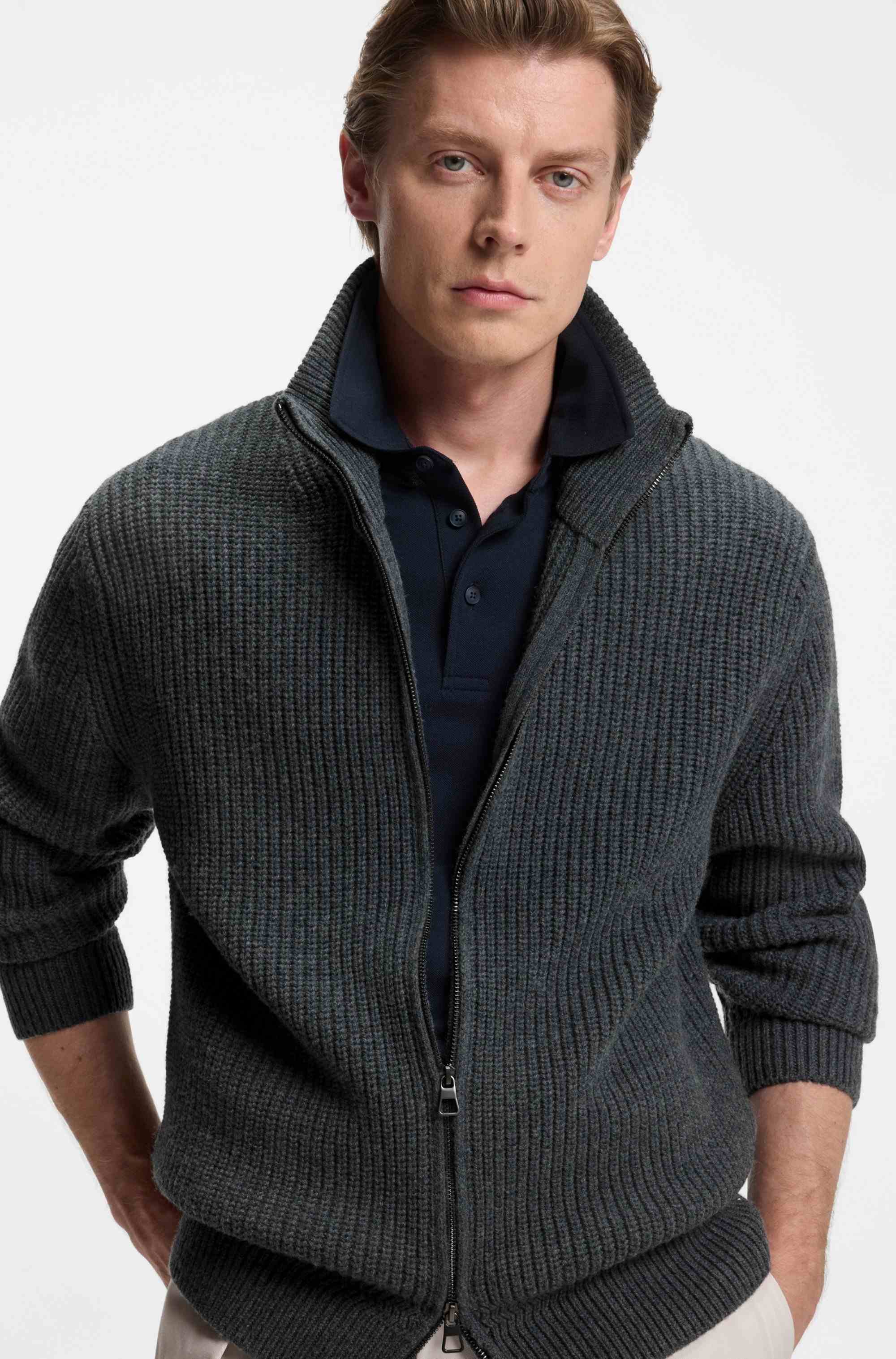 BECKHAM x BOSS zip-up cardigan in wool and cashmere