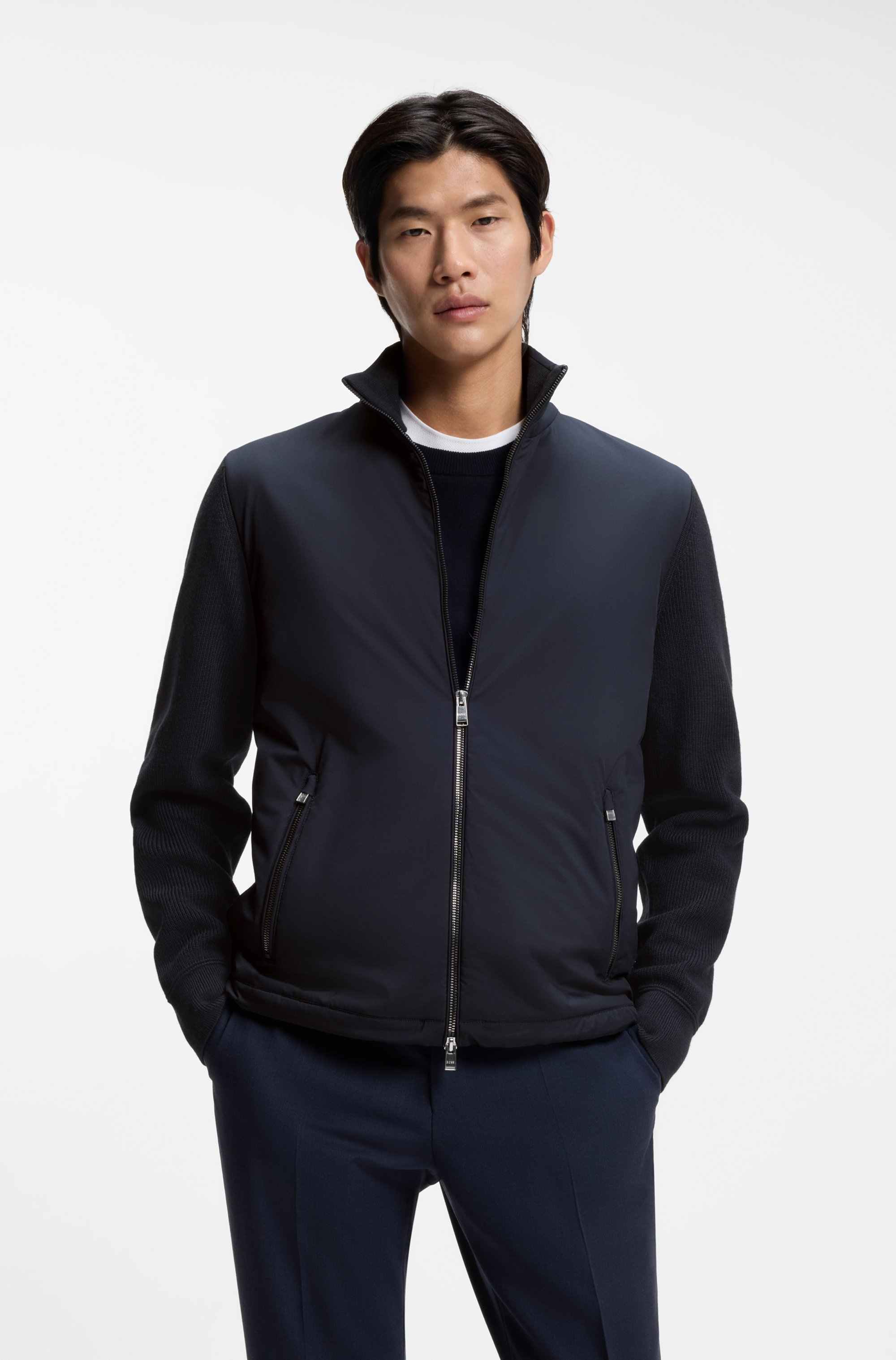 Zip-up knitted jacket with adjustable hem