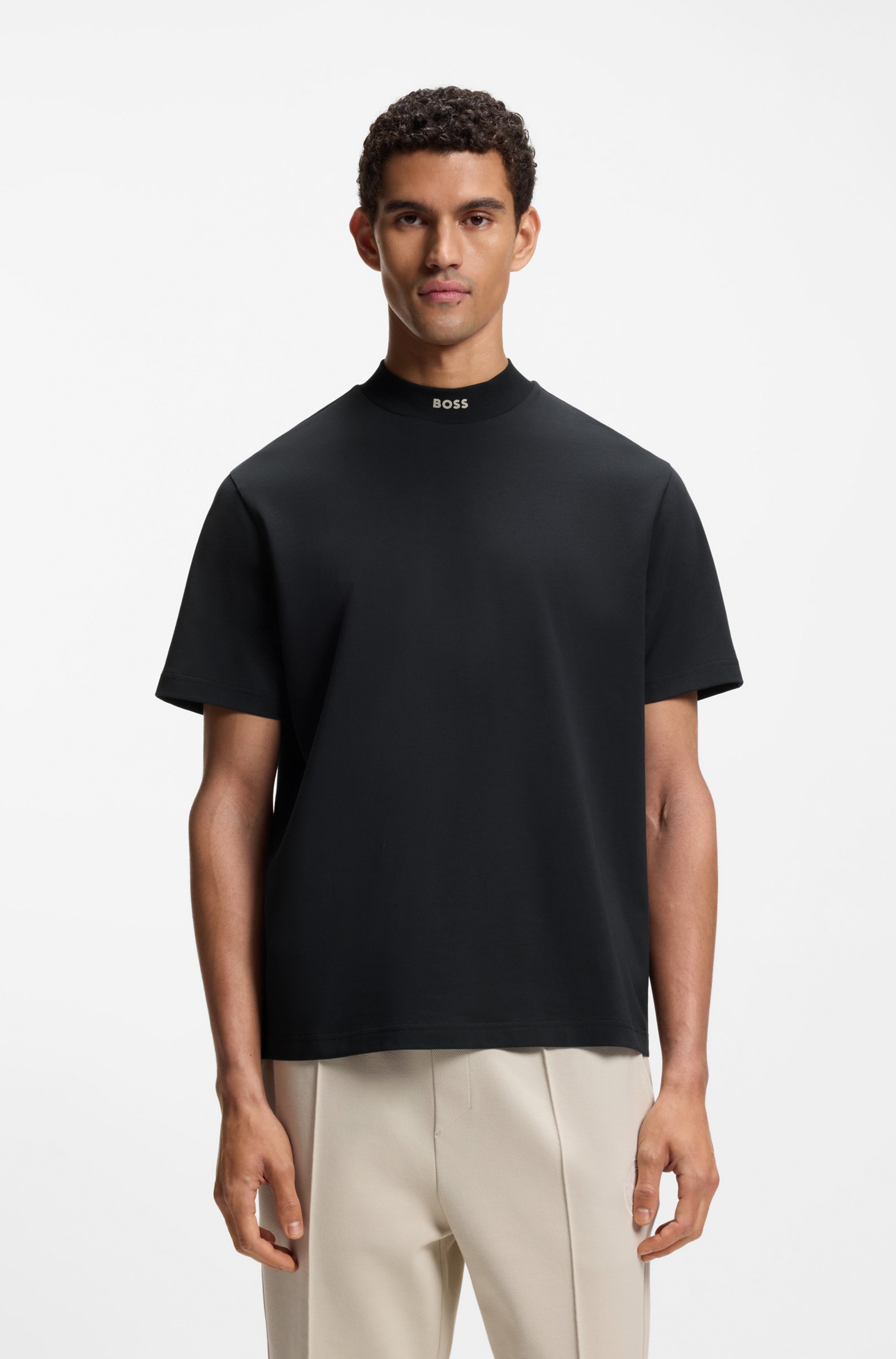 Stretch-cotton T-shirt with logo collar