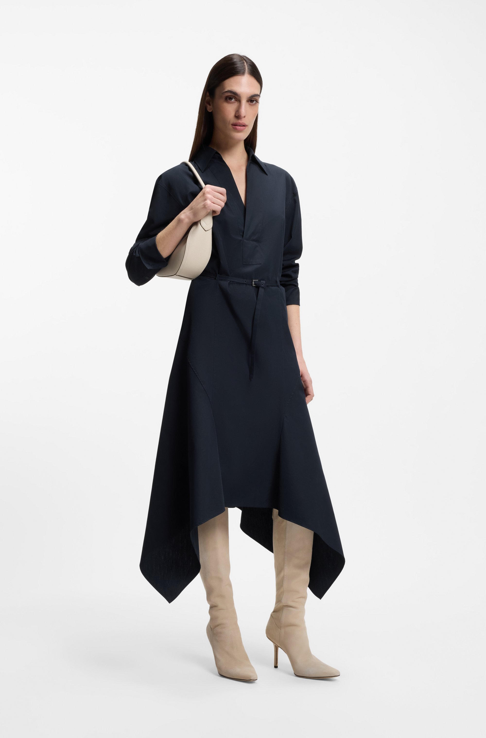 Belted shirt dress in cotton poplin
