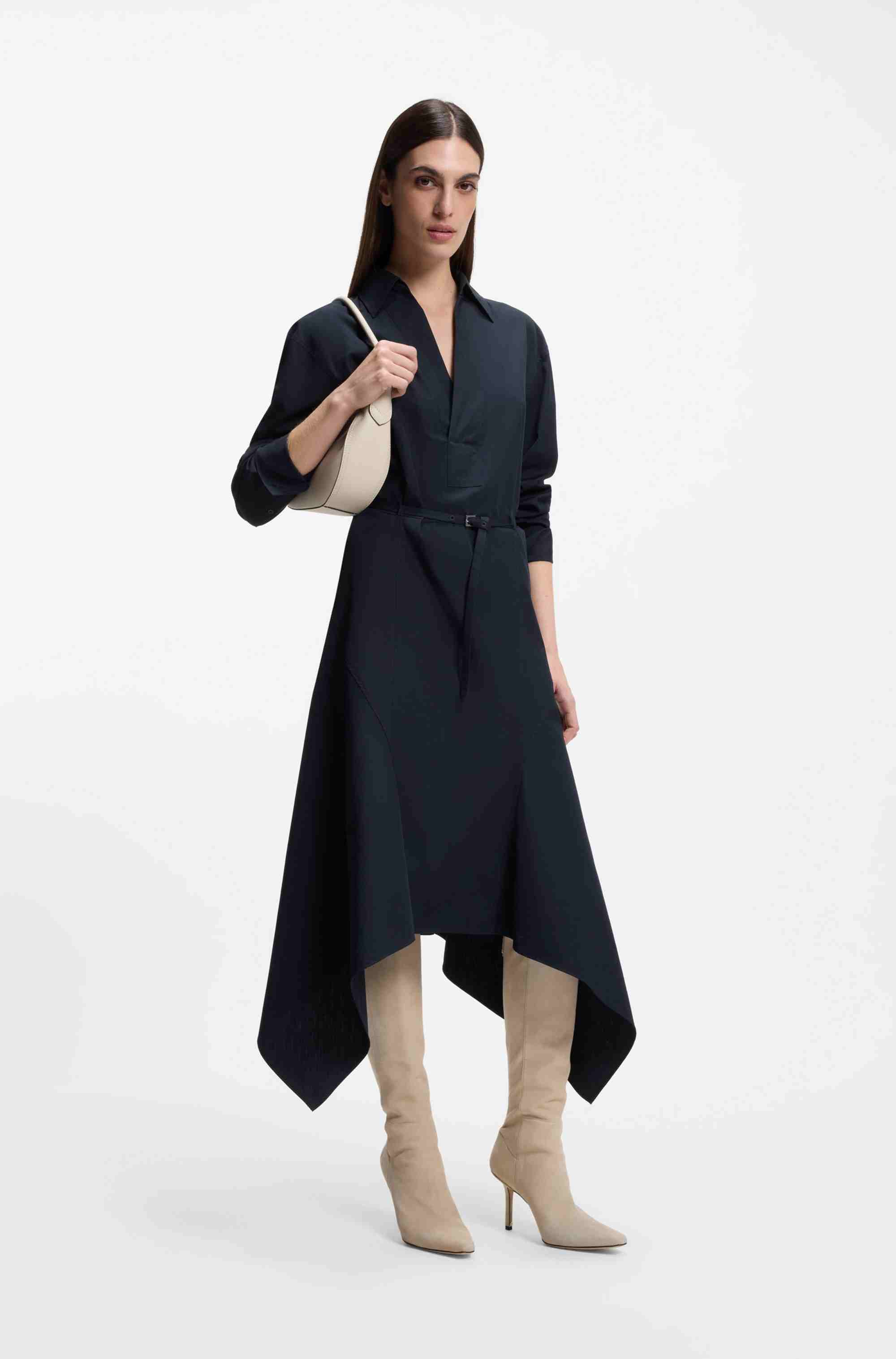 Belted shirt dress in cotton poplin