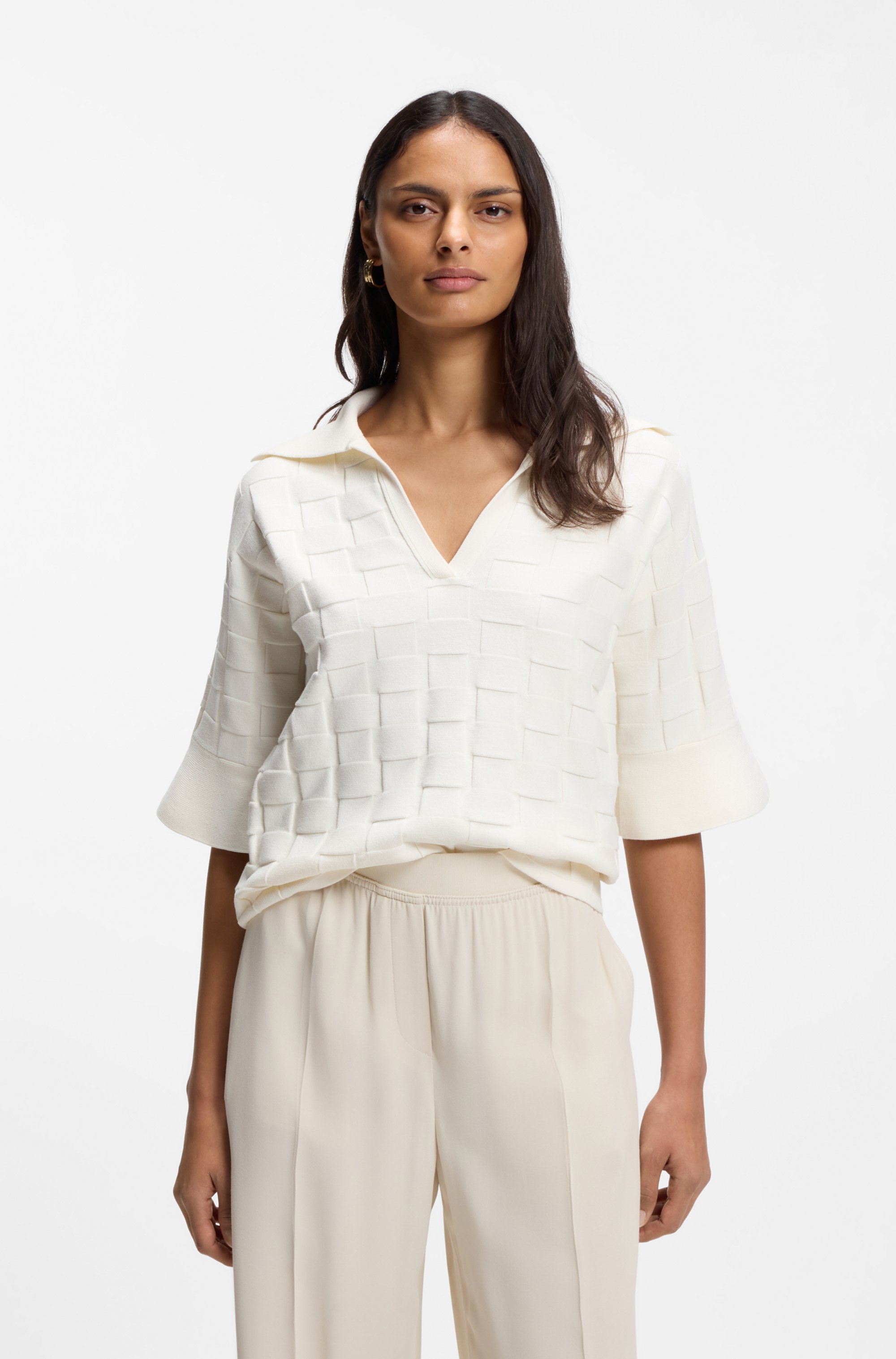 Johnny-collar sweater with check texture