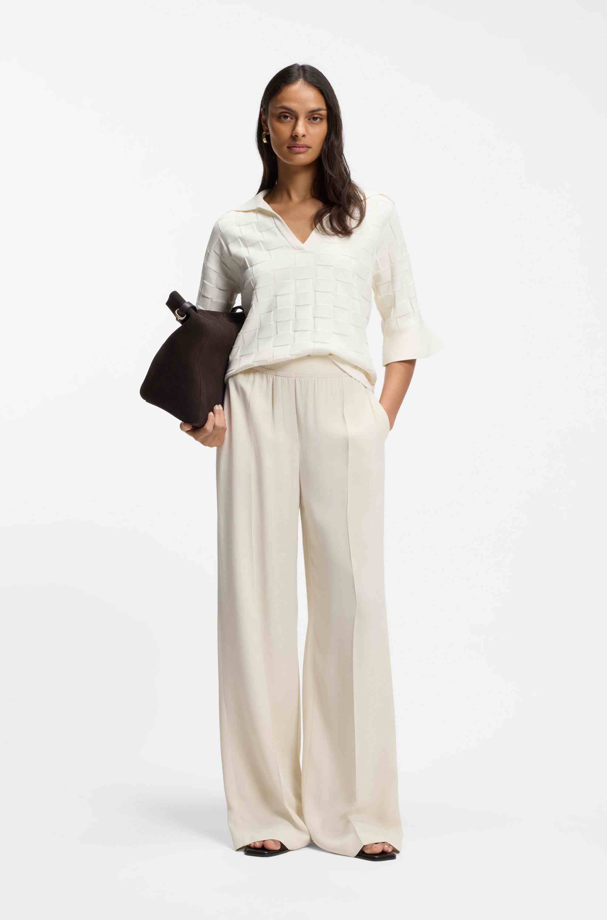 Johnny-collar sweater with check texture