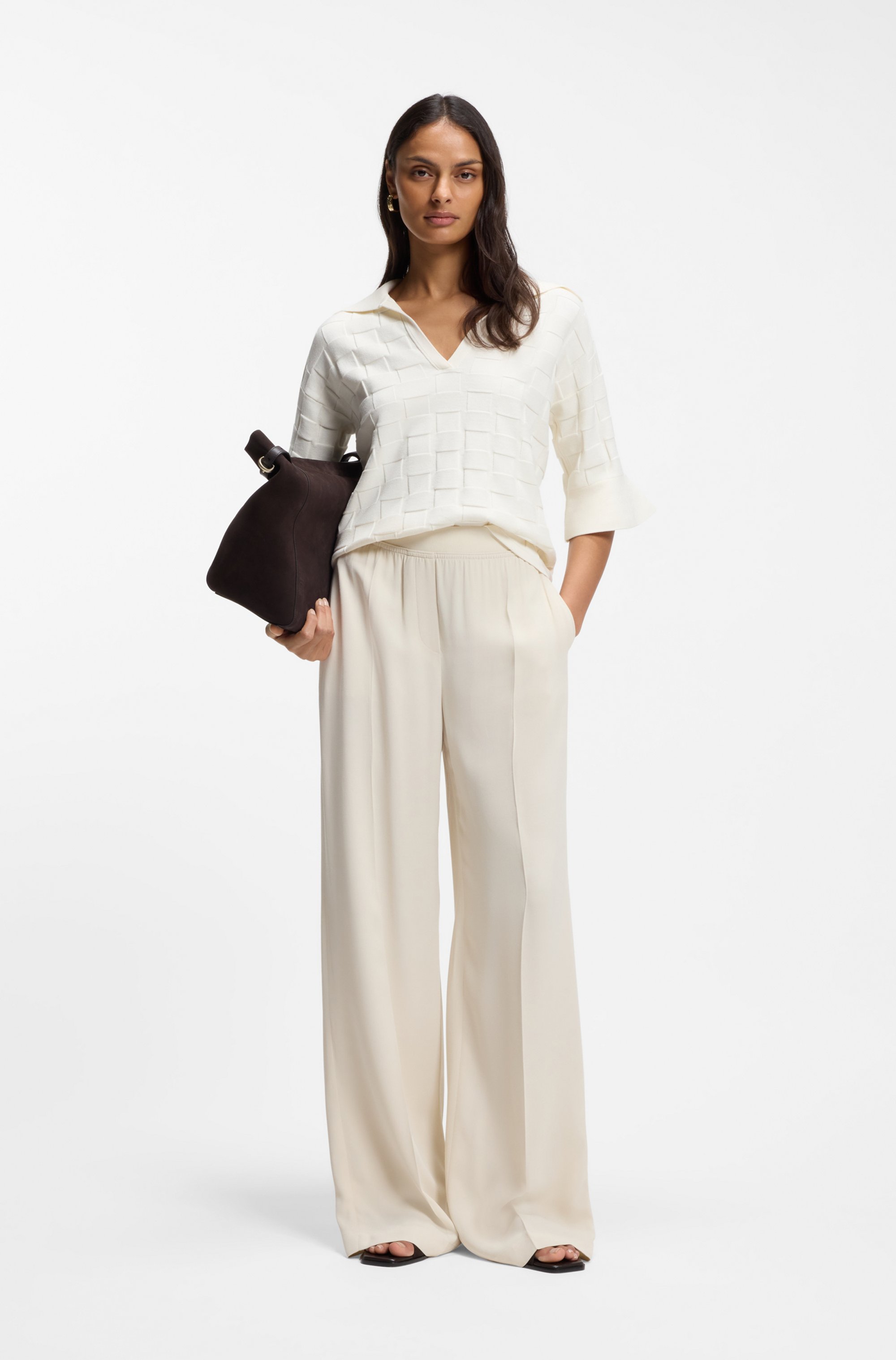 Johnny-collar sweater with check texture