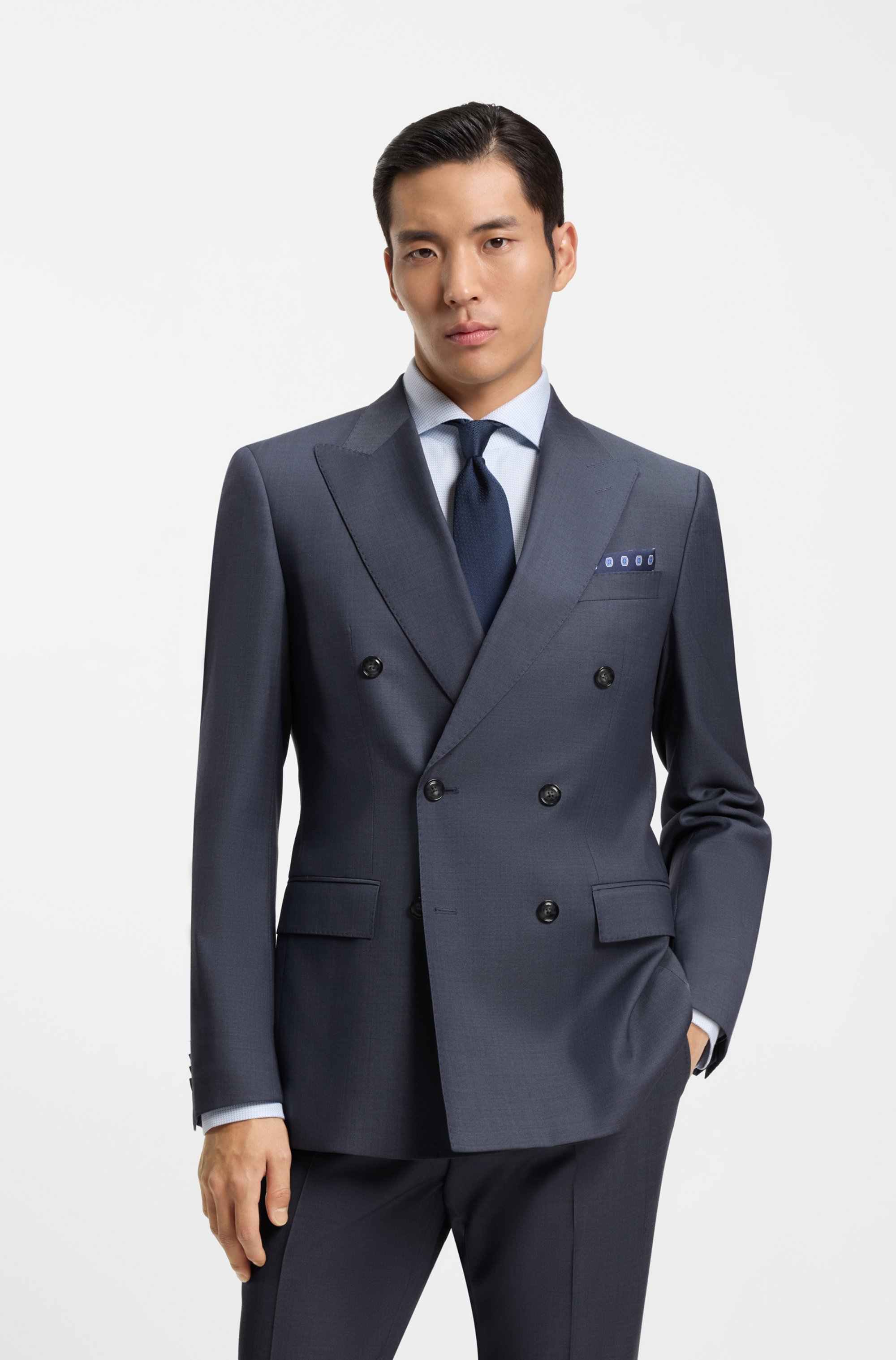 Two-piece slim-fit suit in patterned virgin wool