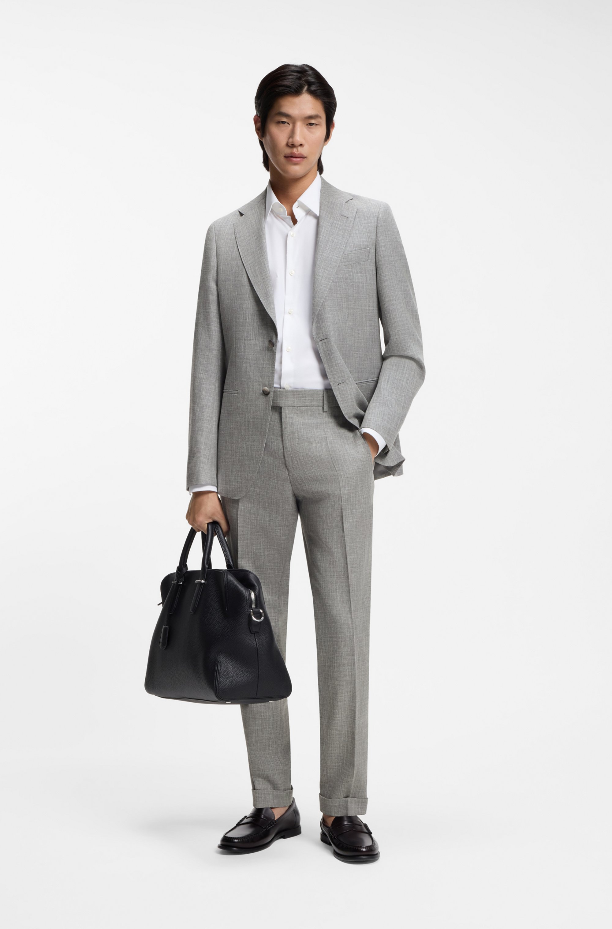 Two-piece slim-fit suit in cotton and virgin wool