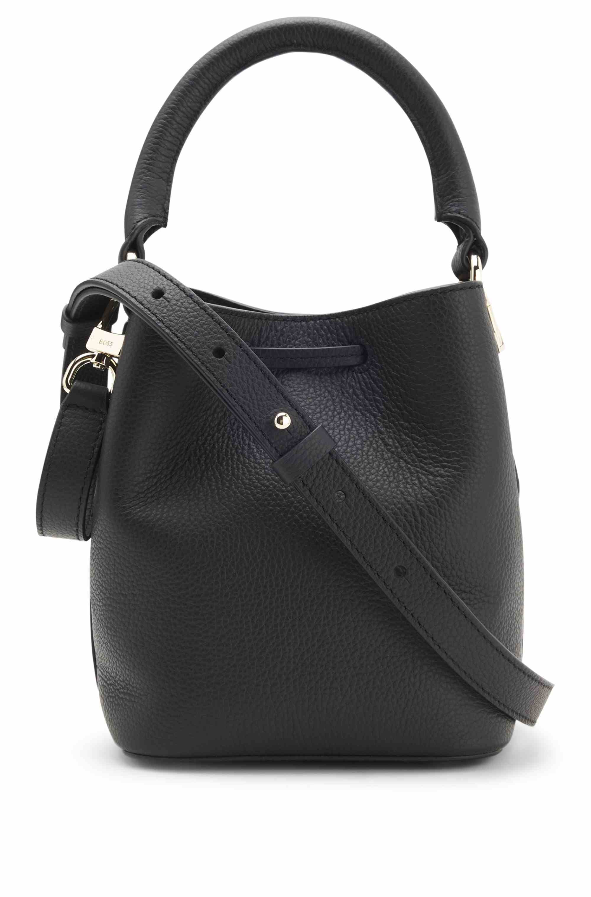 Leather bucket bag with logo lettering