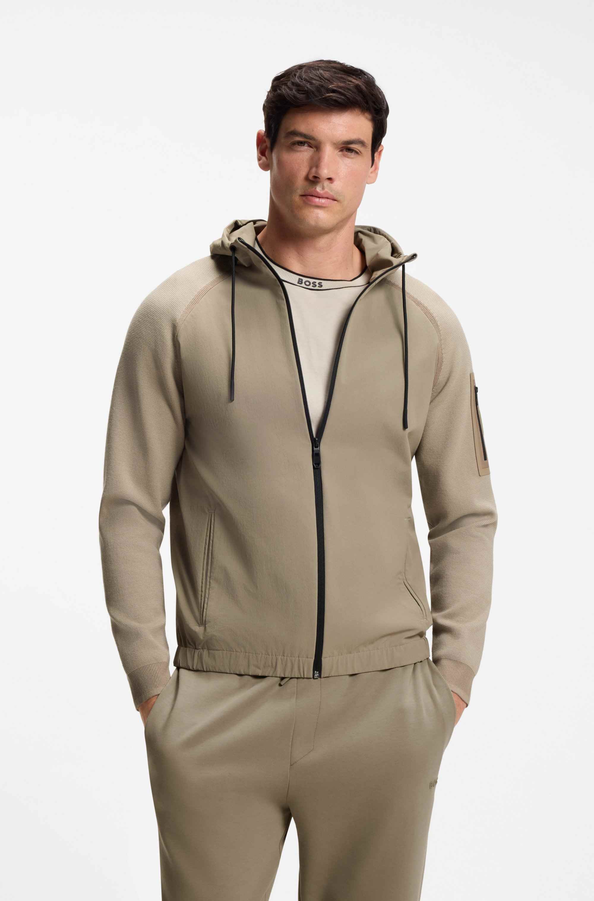 Mixed-material knitted jacket with jacquard graphic