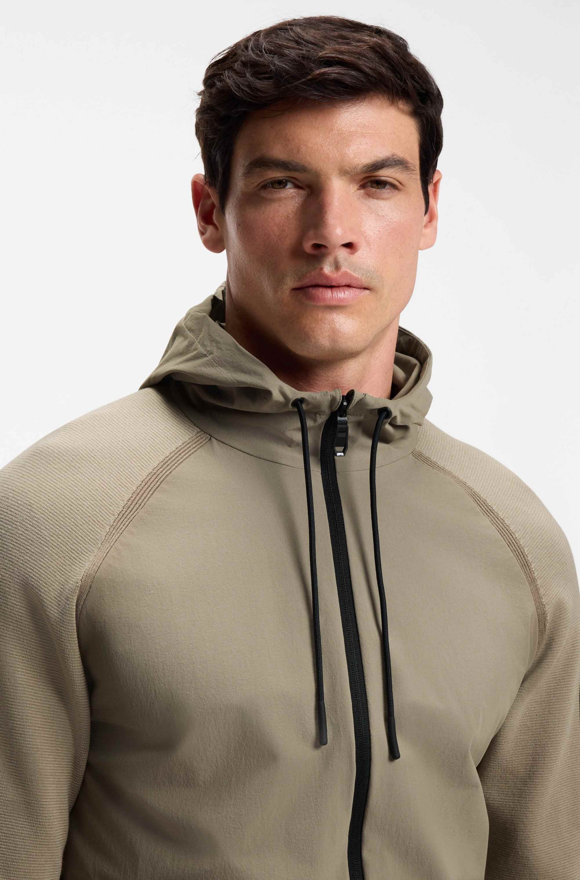 Mixed-material knitted jacket with jacquard graphic