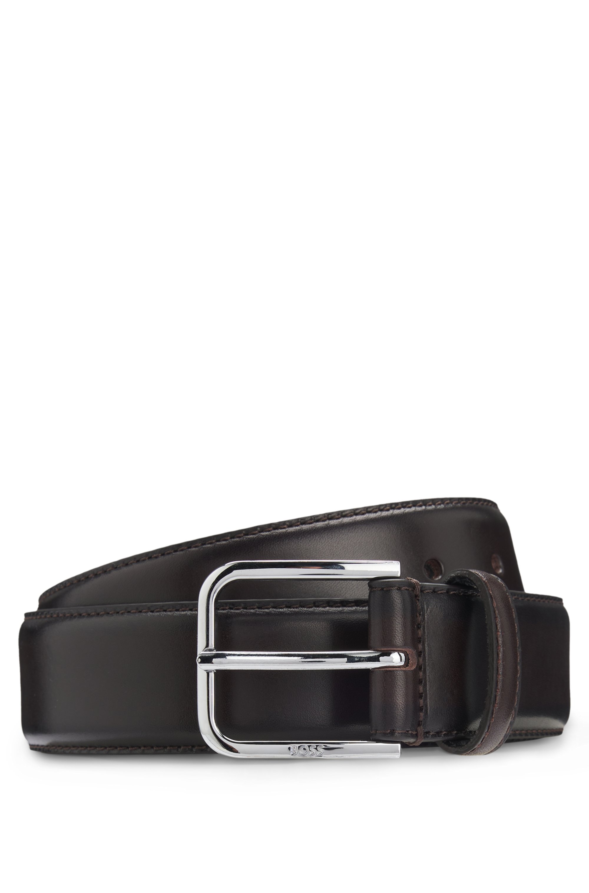 Leather business belt with polished silver buckle