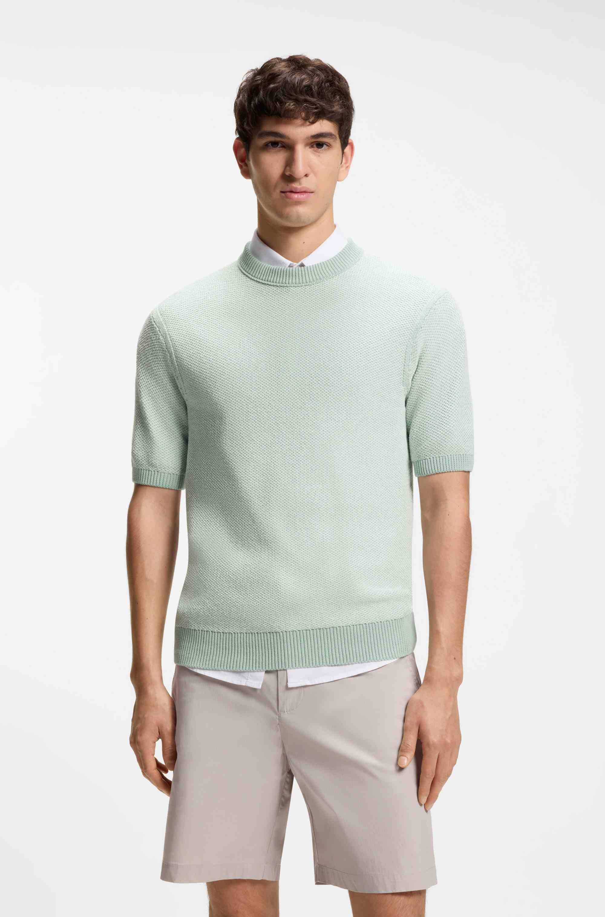 Cotton-blend sweater with two-tone knitted structure