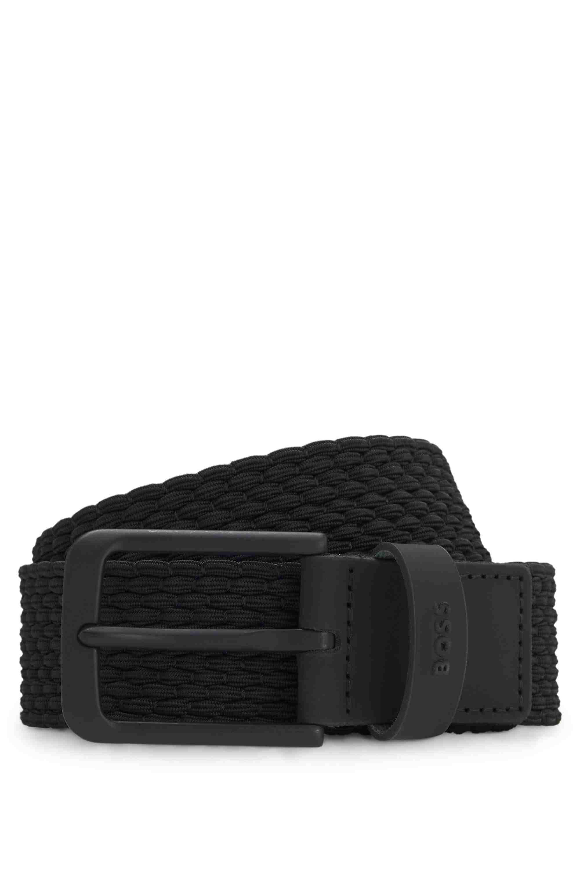Woven belt with leather trims and logo detail