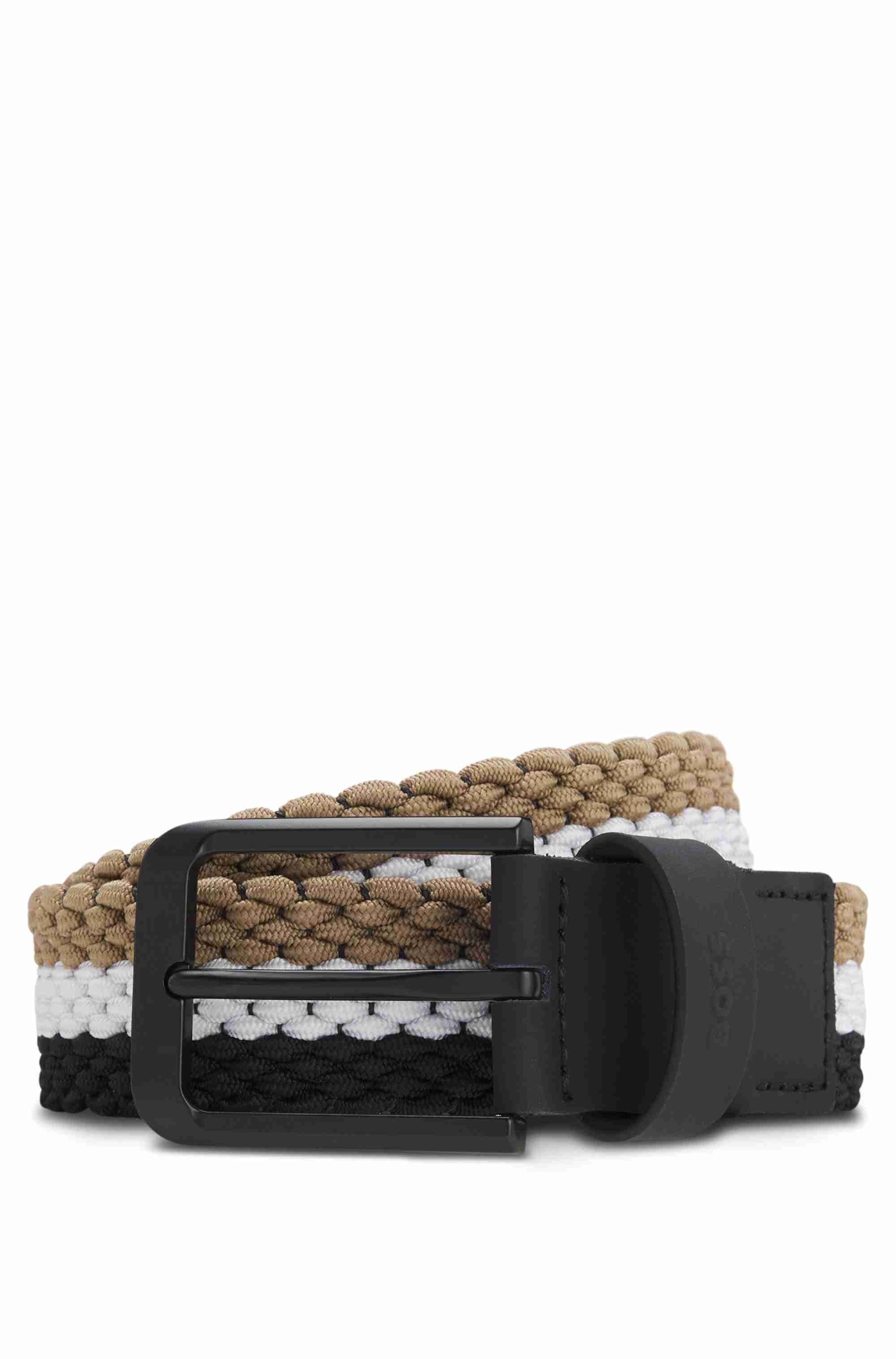 Woven belt with leather trims and logo detail