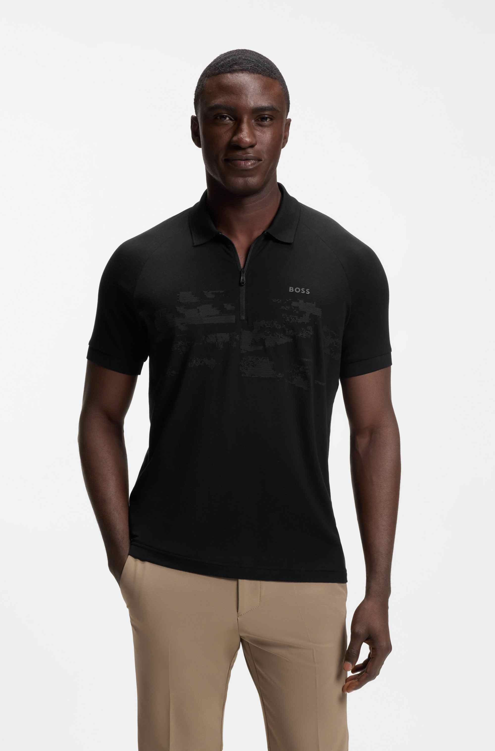 Cotton-blend zipped polo shirt with reflective graphics
