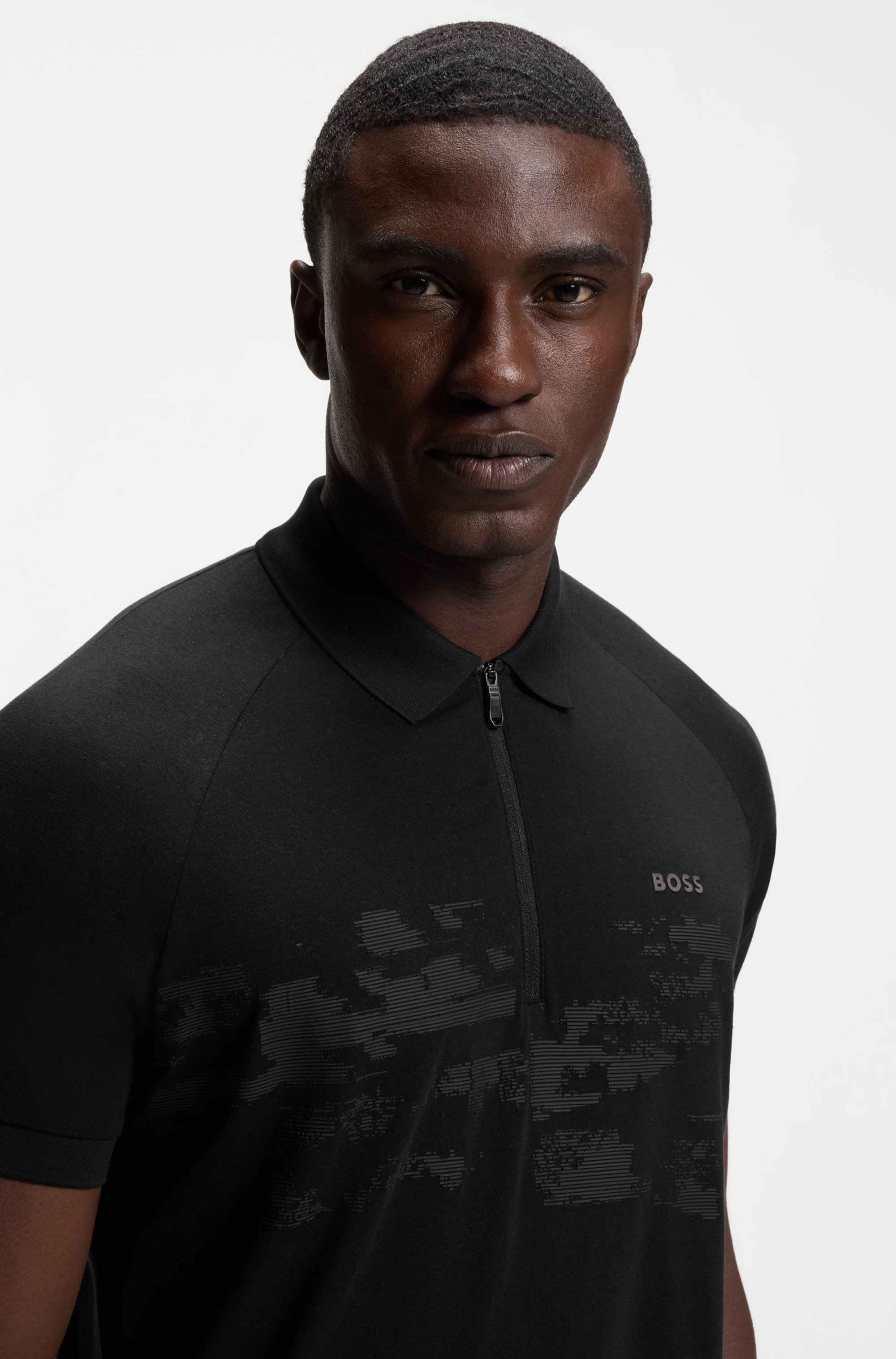 Cotton-blend zipped polo shirt with reflective graphics