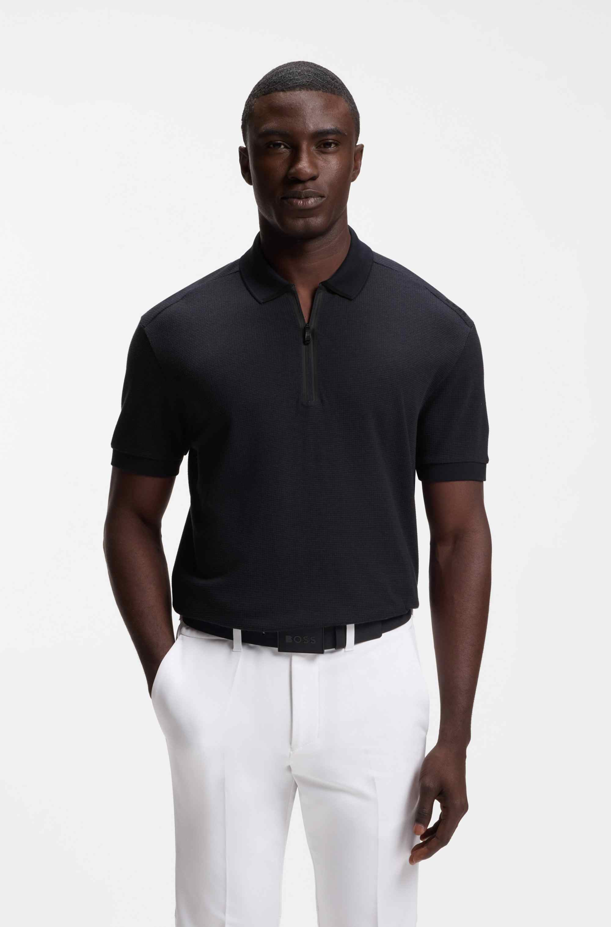 Zip-neck polo shirt in waffle jacquard