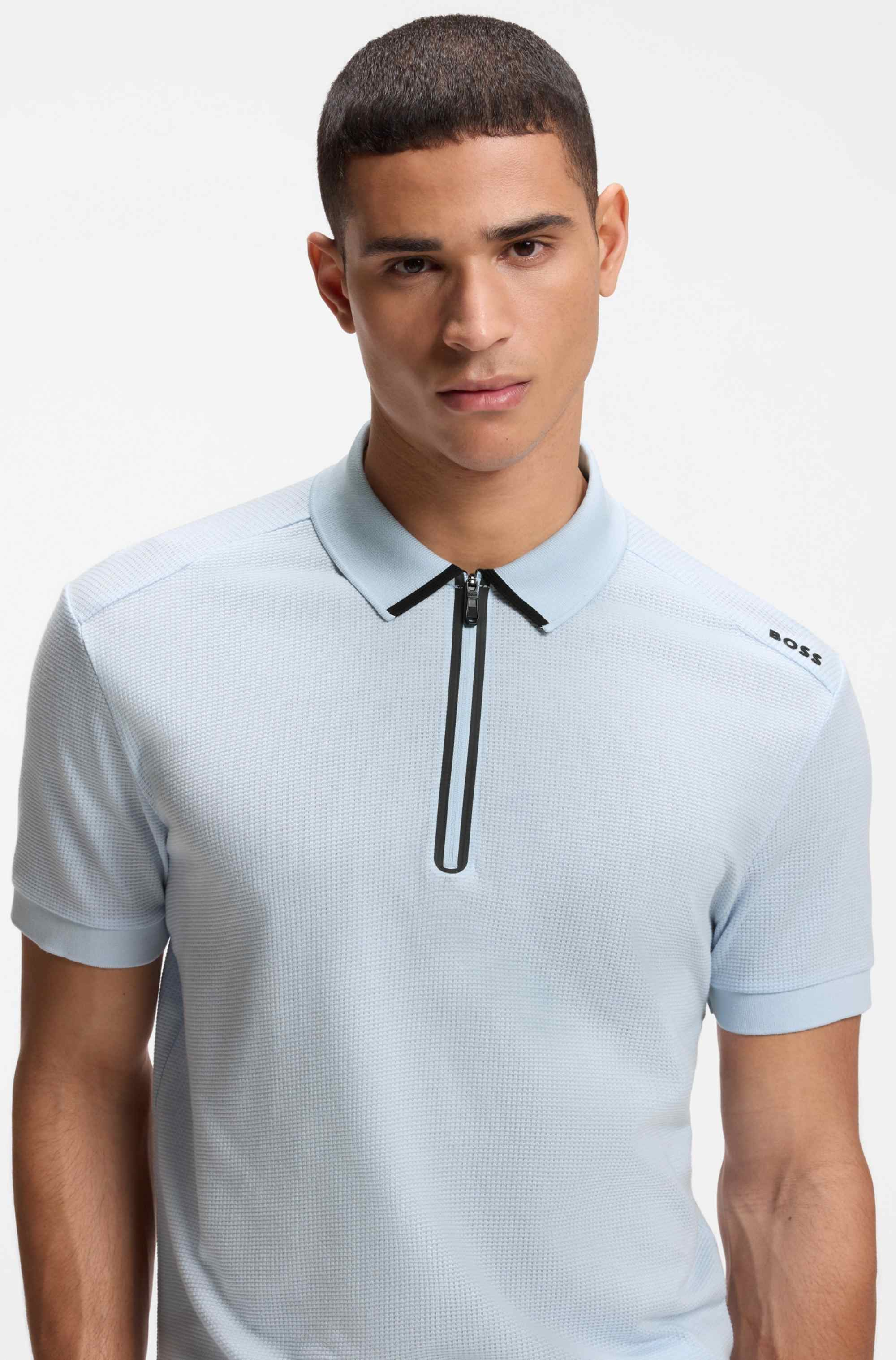 Zip-neck polo shirt in waffle jacquard