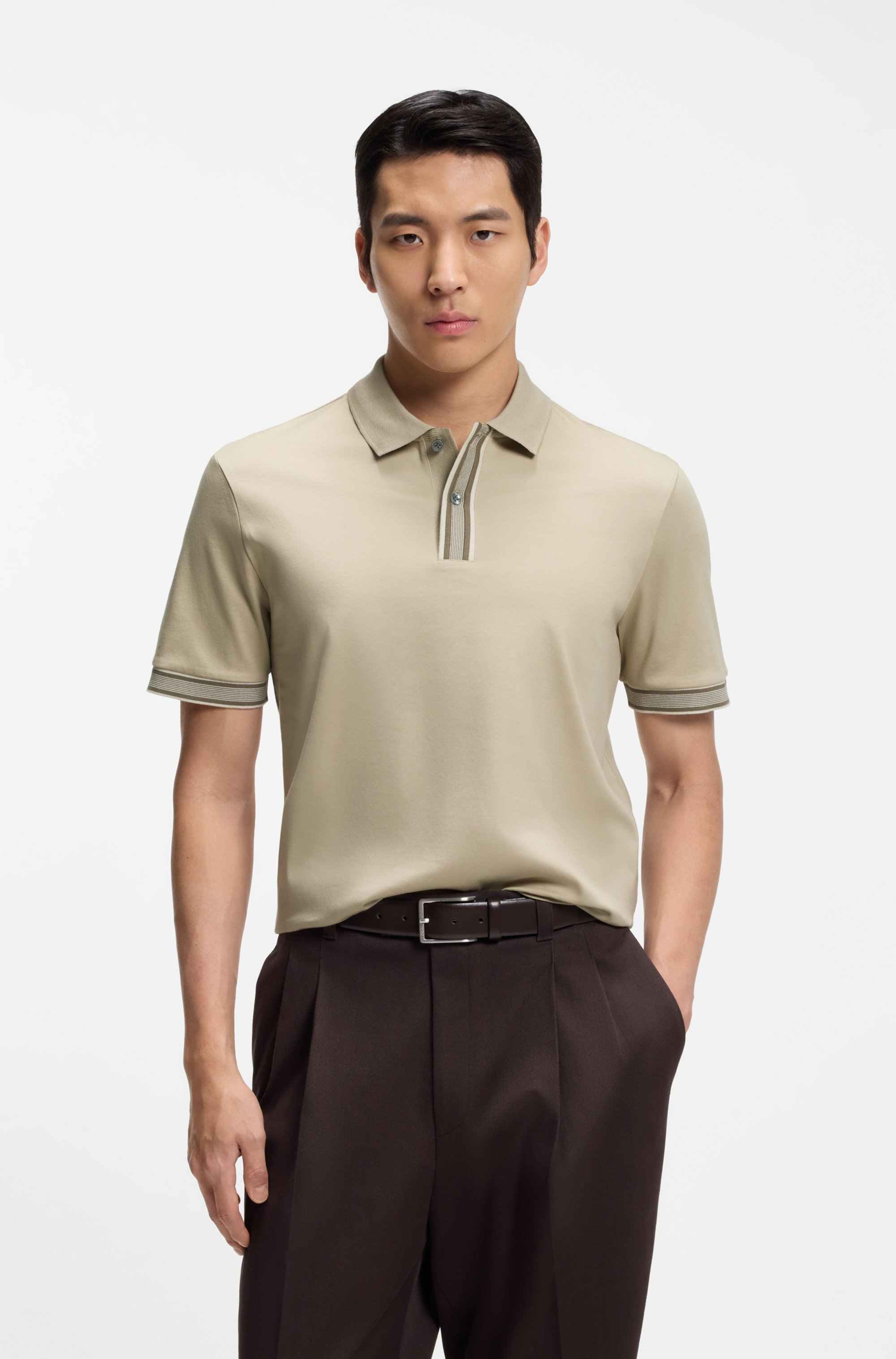 Mercerised-cotton polo shirt with striped trims