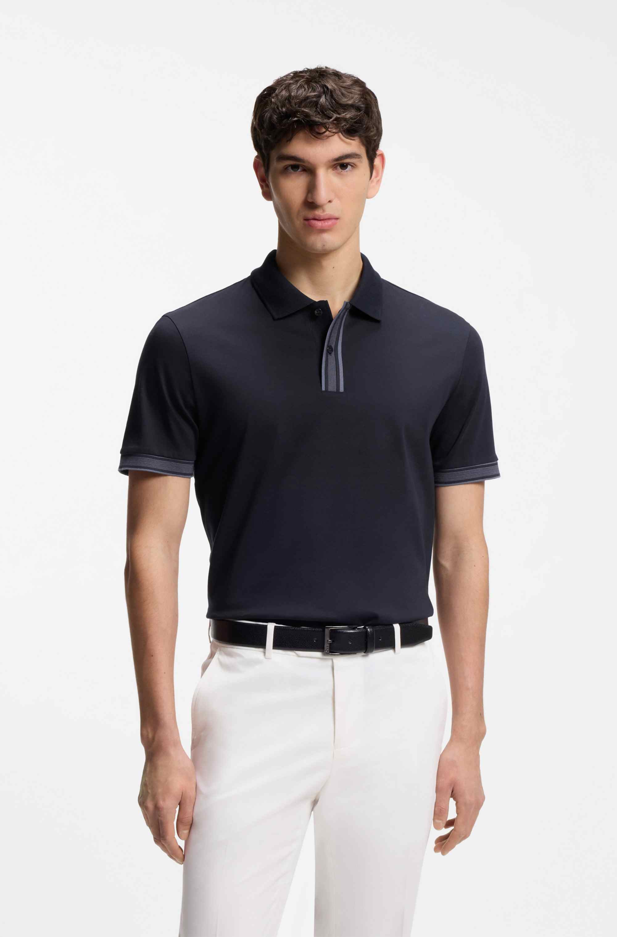 Mercerised-cotton polo shirt with striped trims