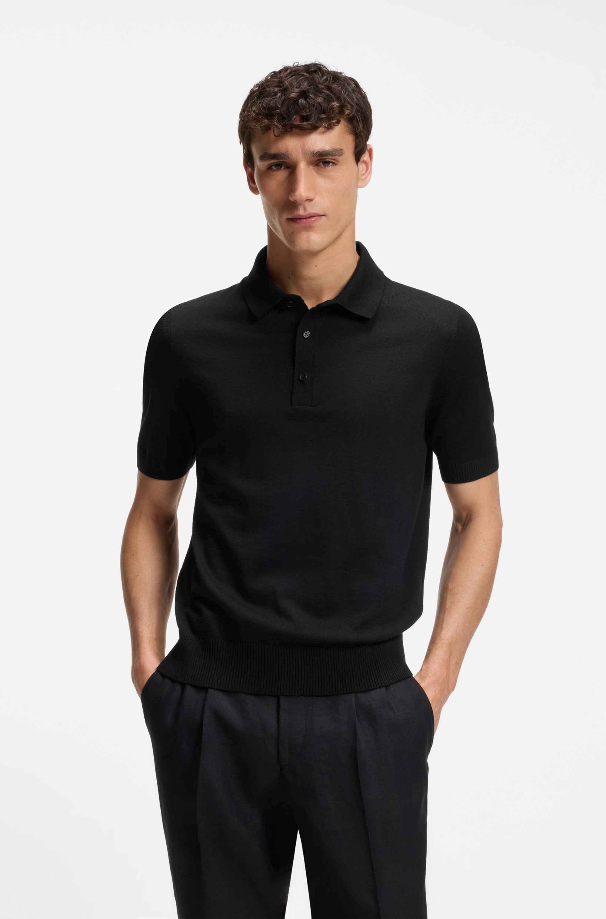 Short-sleeved sweater in virgin wool with polo collar