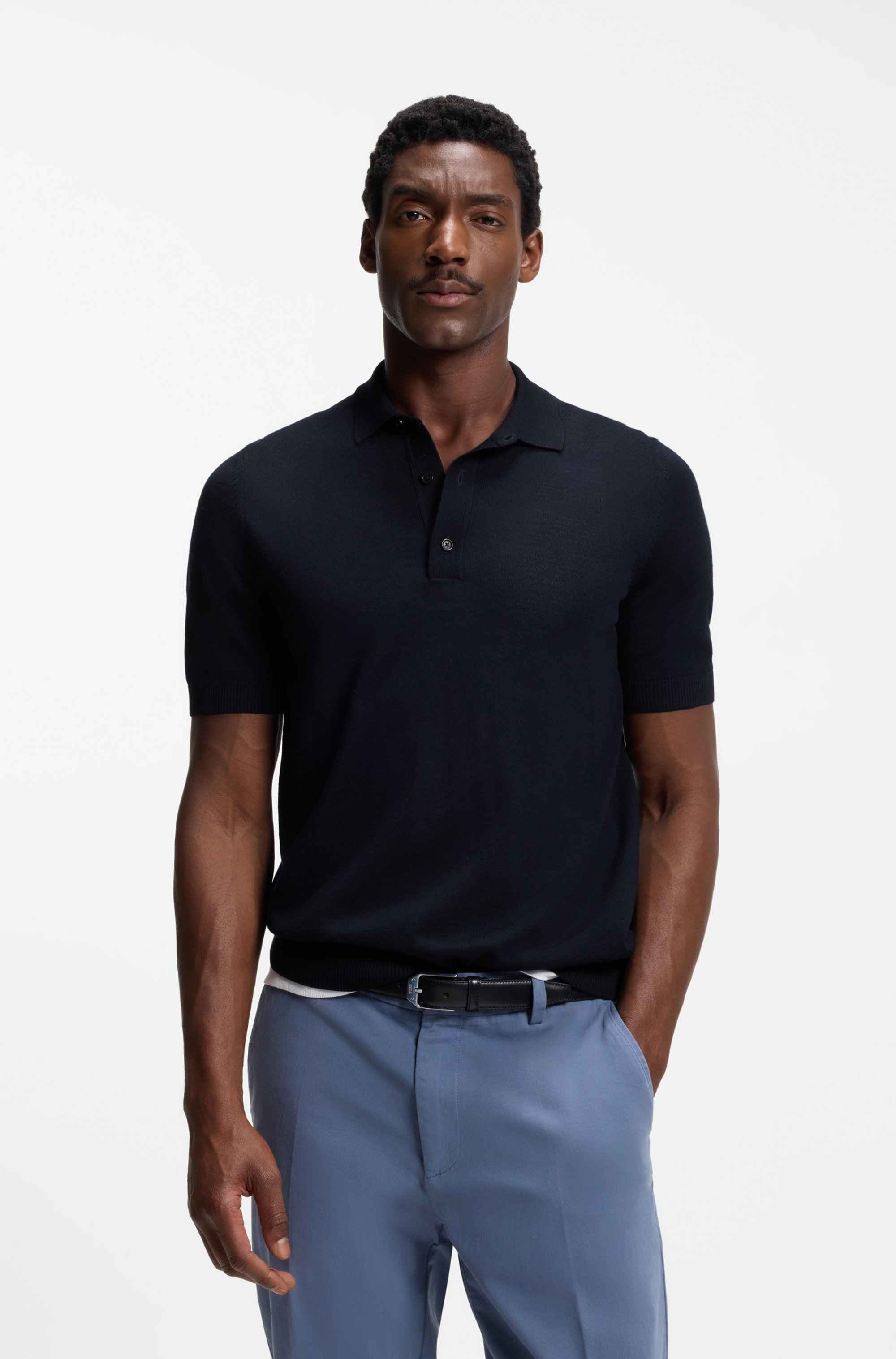 Short-sleeved sweater in virgin wool with polo collar