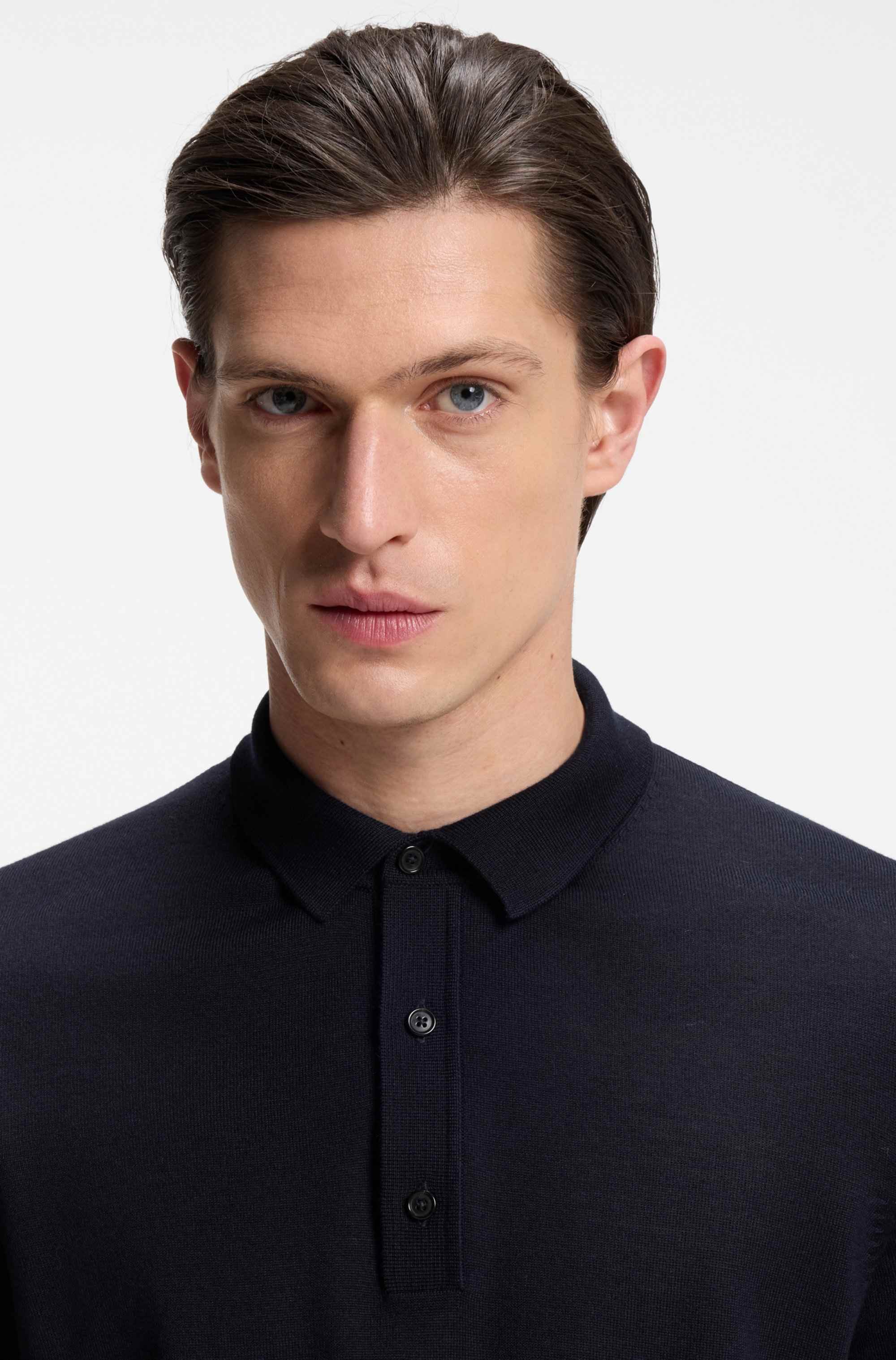 Short-sleeved sweater in virgin wool with polo collar