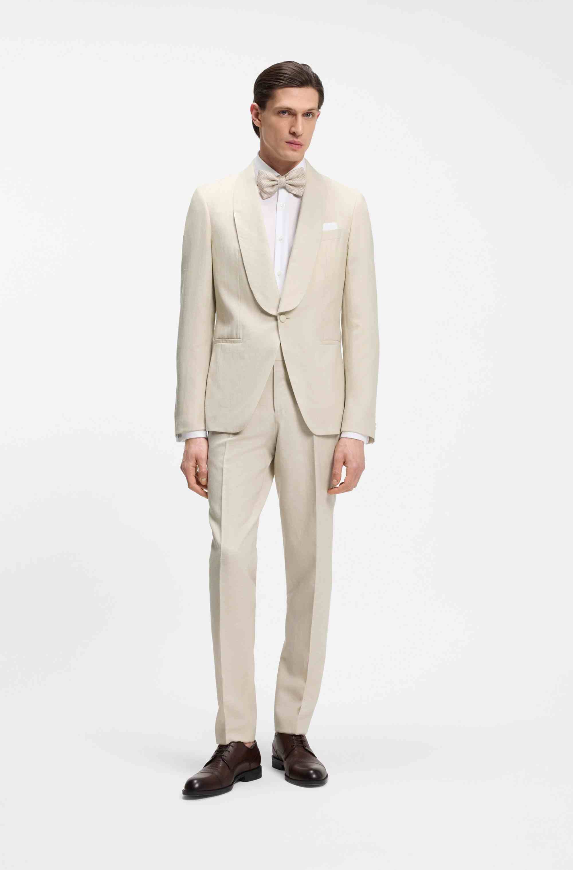 Two-piece slim-fit tuxedo suit in virgin wool and linen