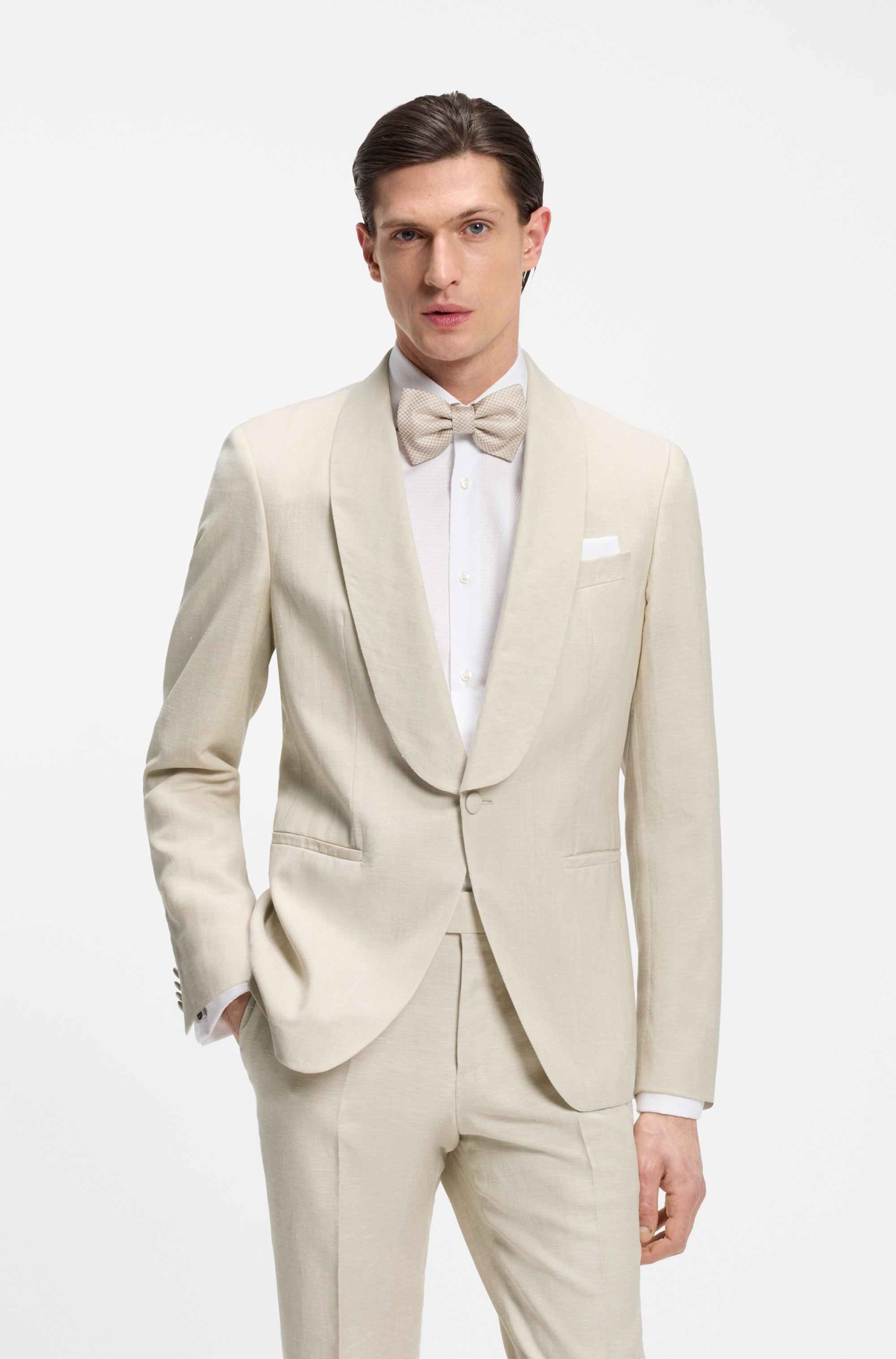 Two-piece slim-fit tuxedo suit in virgin wool and linen