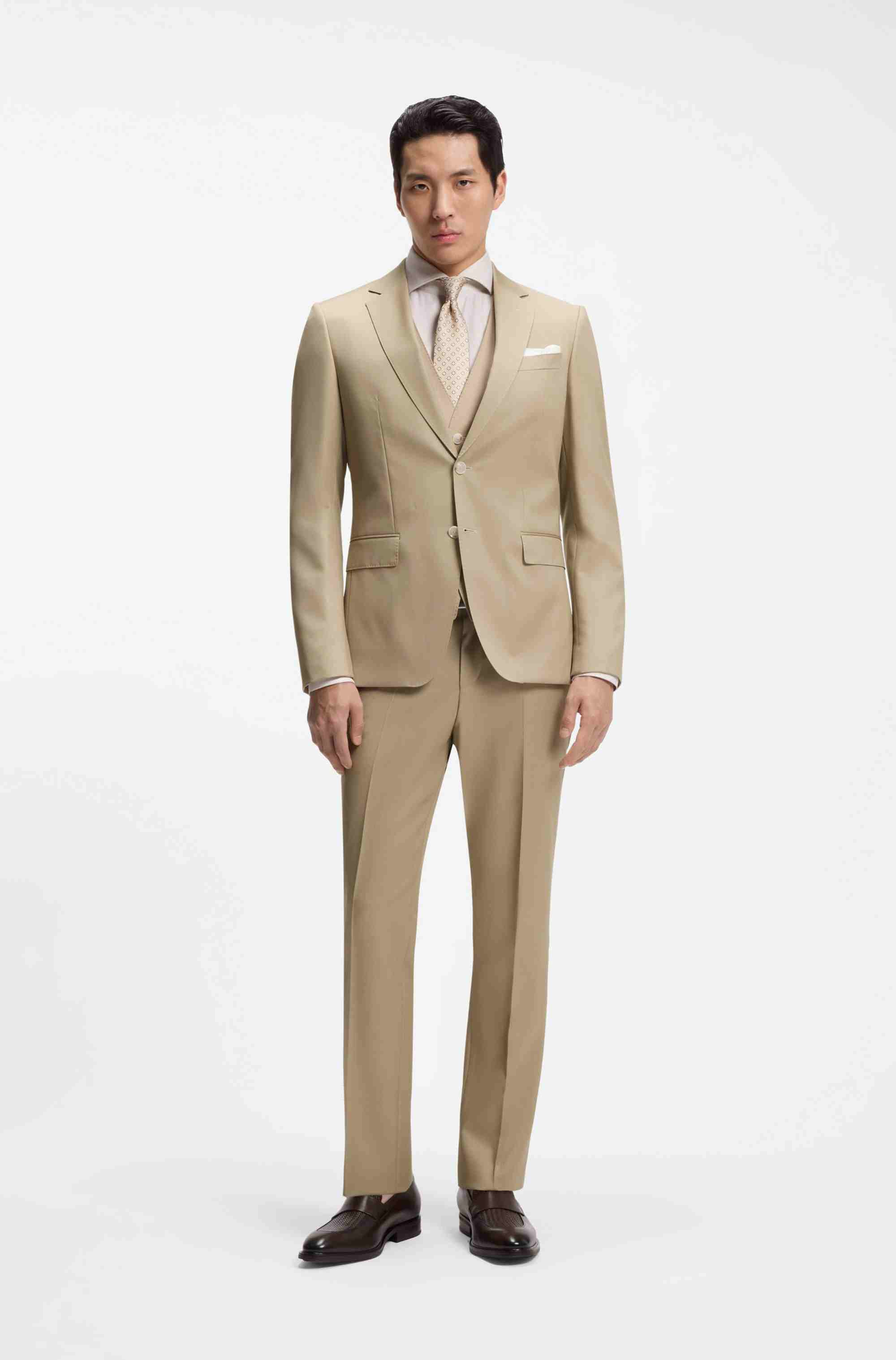 Three-piece slim-fit suit in virgin-wool serge