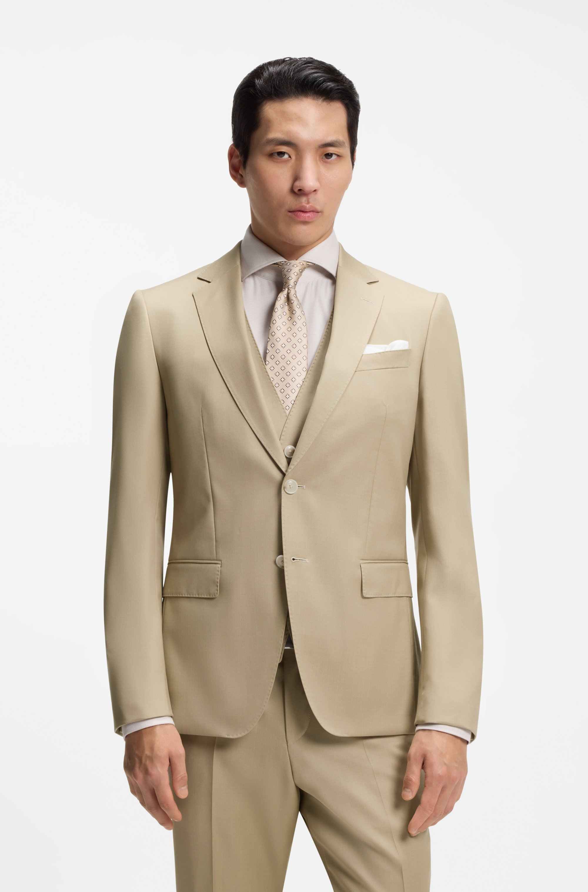 Three-piece slim-fit suit in virgin-wool serge