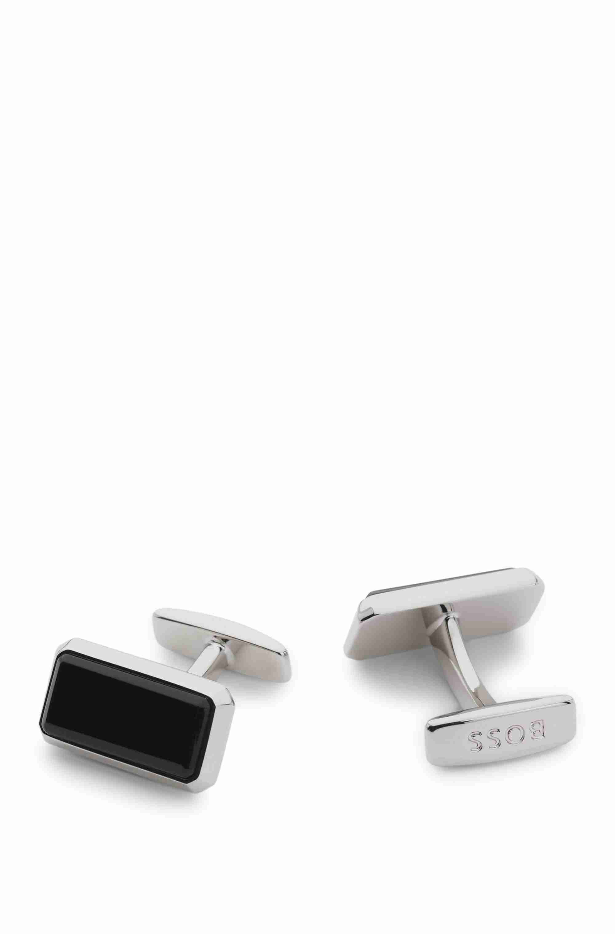 Rectangular brass cufflinks with black enamel insert