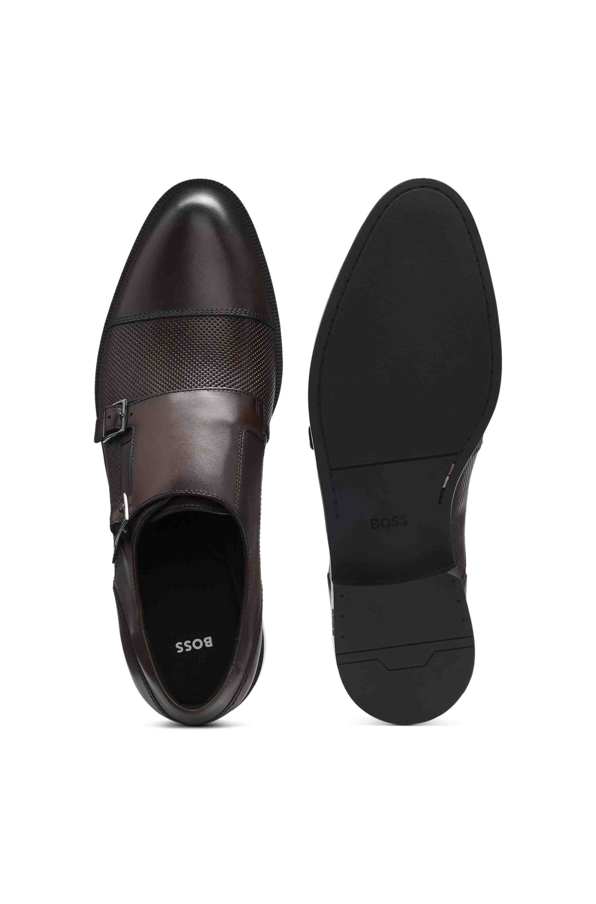 Double monk shoes in leather with perforated detail