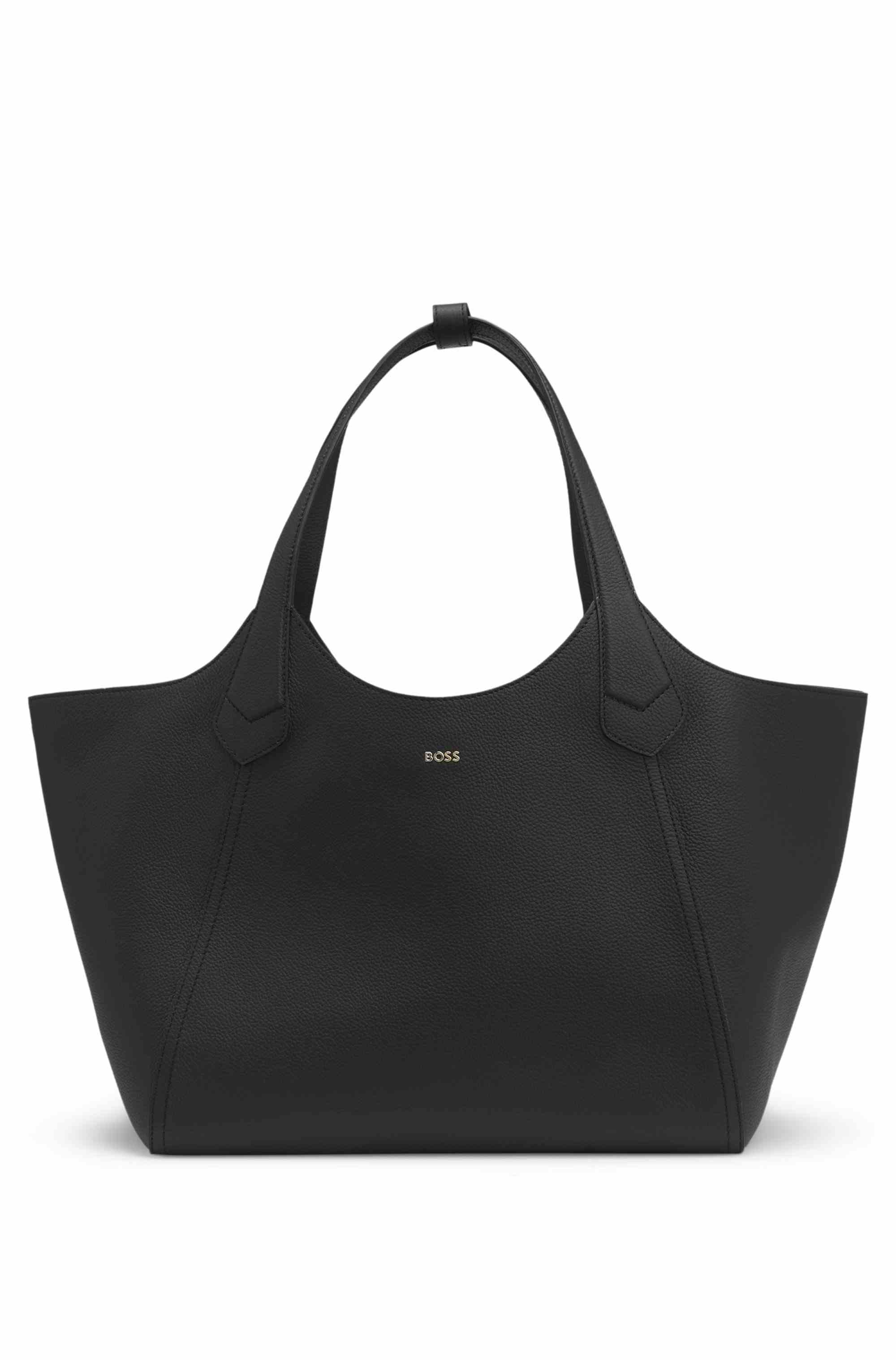 Leather tote bag with metallic logo lettering