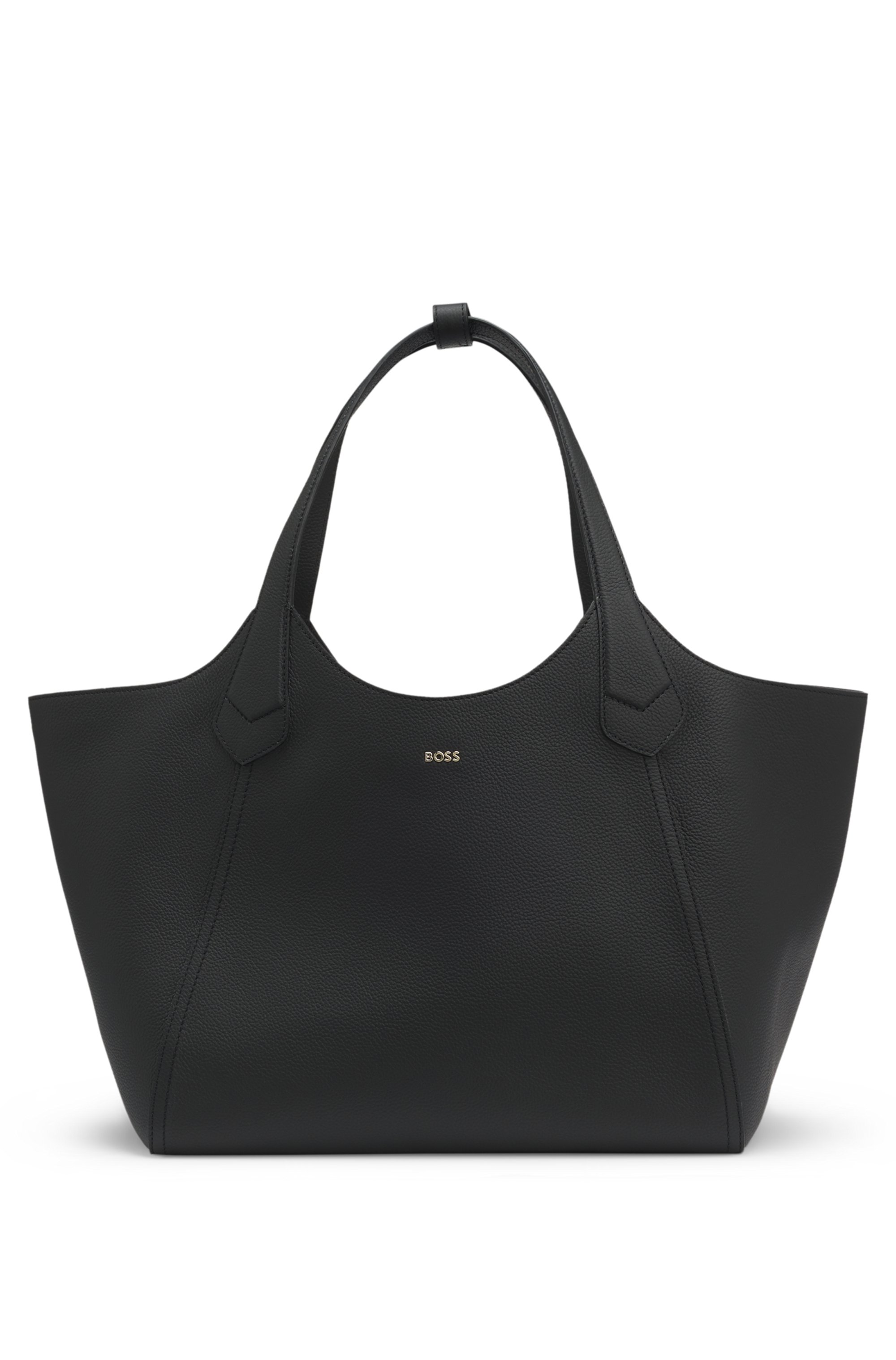 Leather tote bag with metallic logo lettering