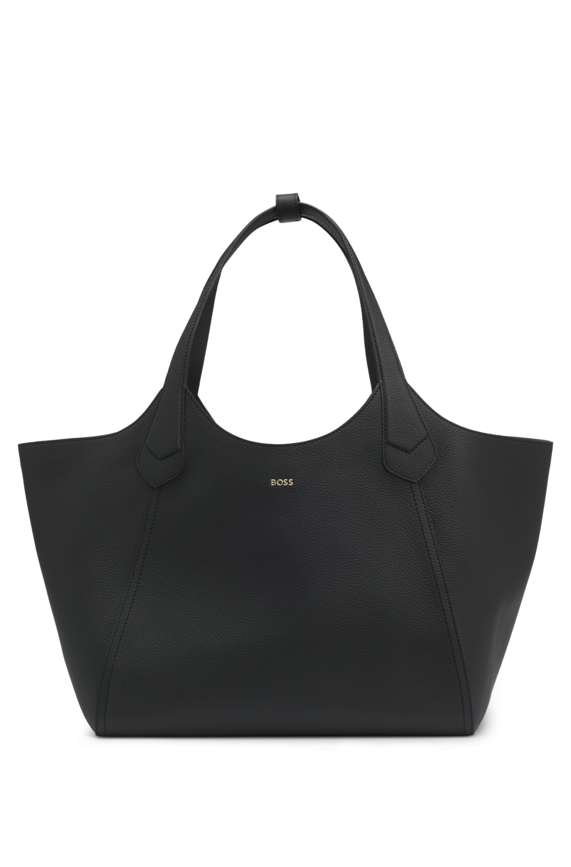 Leather tote bag with metallic logo lettering